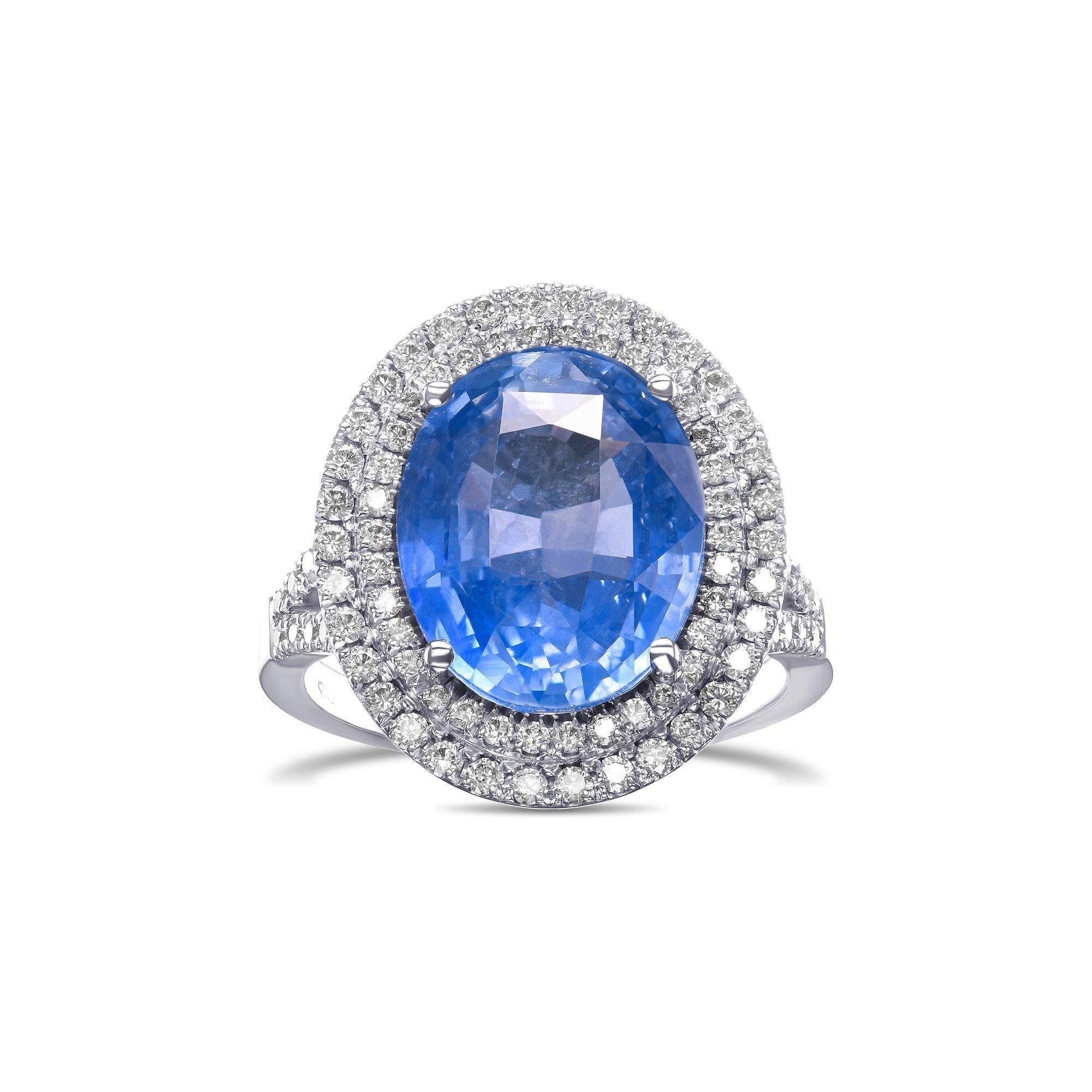NO RESERVE!  -  GRS 9.62Ct Ceylon Sapphire & 1.02Ct Diamonds 18K White Gold Ring For Sale 1