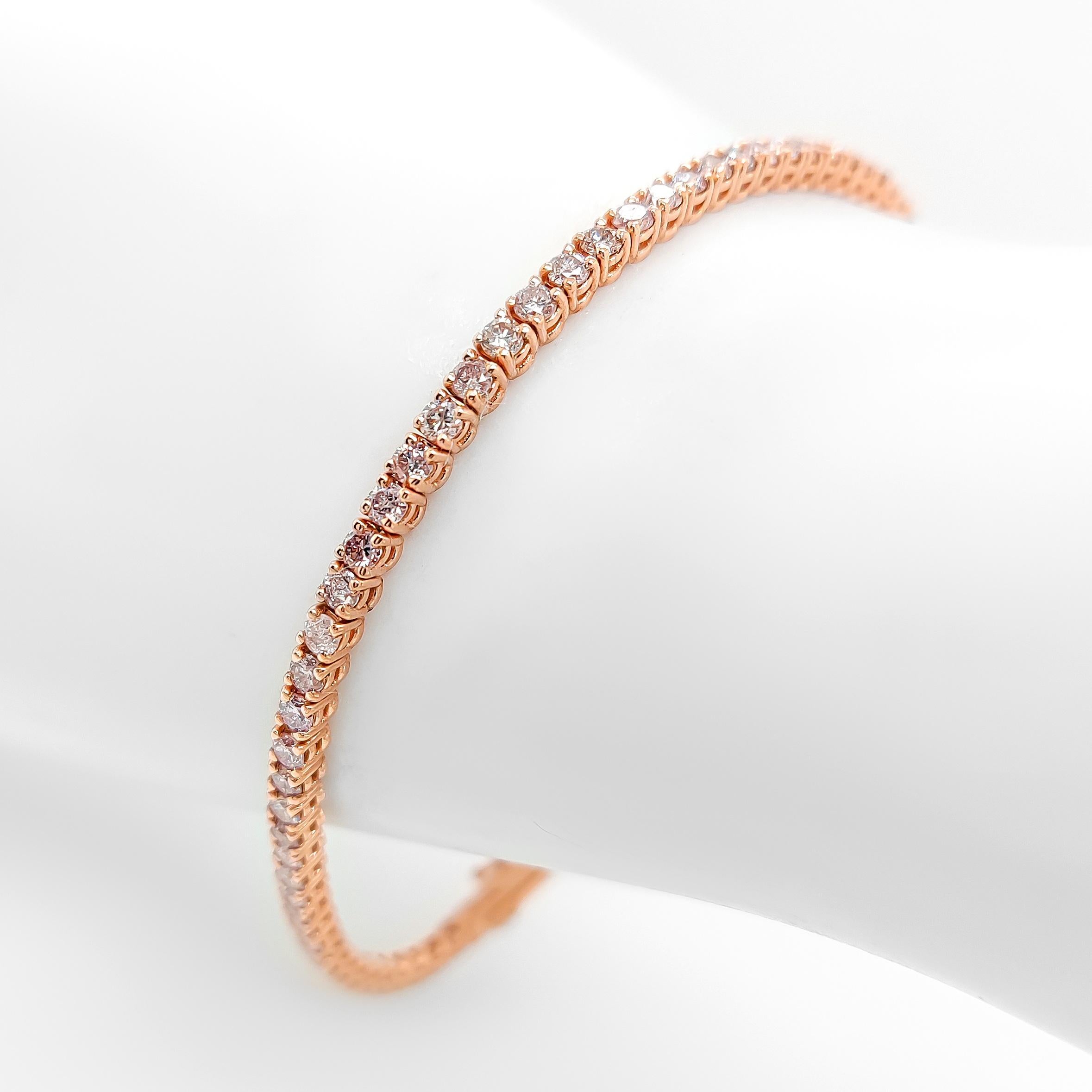  NO RESERVE - IGI 3.45 Carat Natural Round Fancy Pink Diamonds 14K Gold Bracelet In New Condition For Sale In Ramat Gan, IL