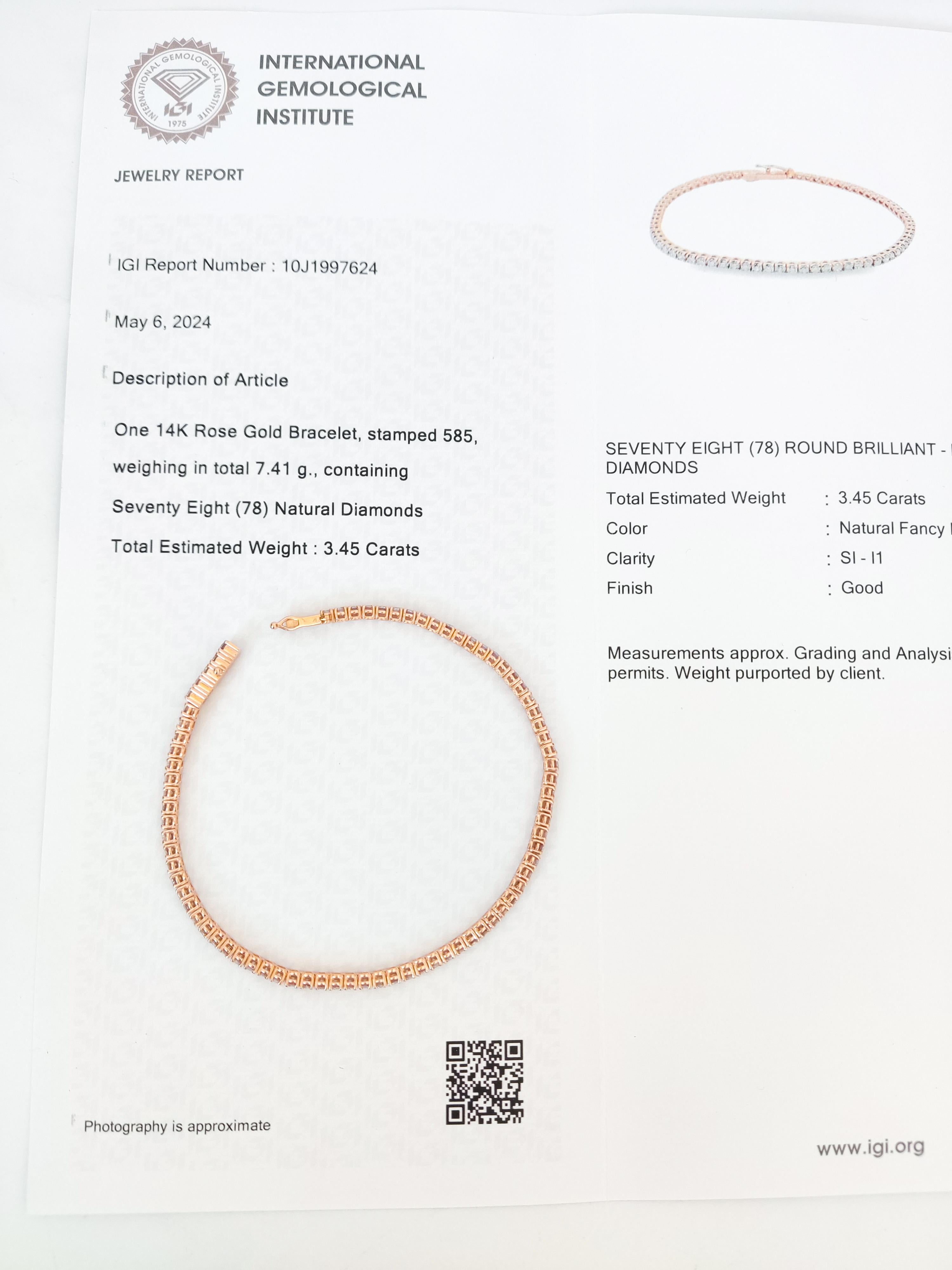  NO RESERVE - IGI 3.45 Carat Natural Round Fancy Pink Diamonds 14K Gold Bracelet For Sale 2