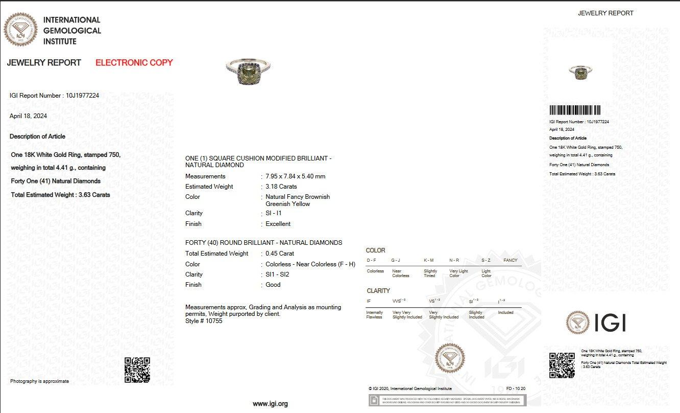 NO RESERVE! IGI 3.63 cttw Fancy Greenish Yellow Diamonds - 18K White Ring For Sale 1