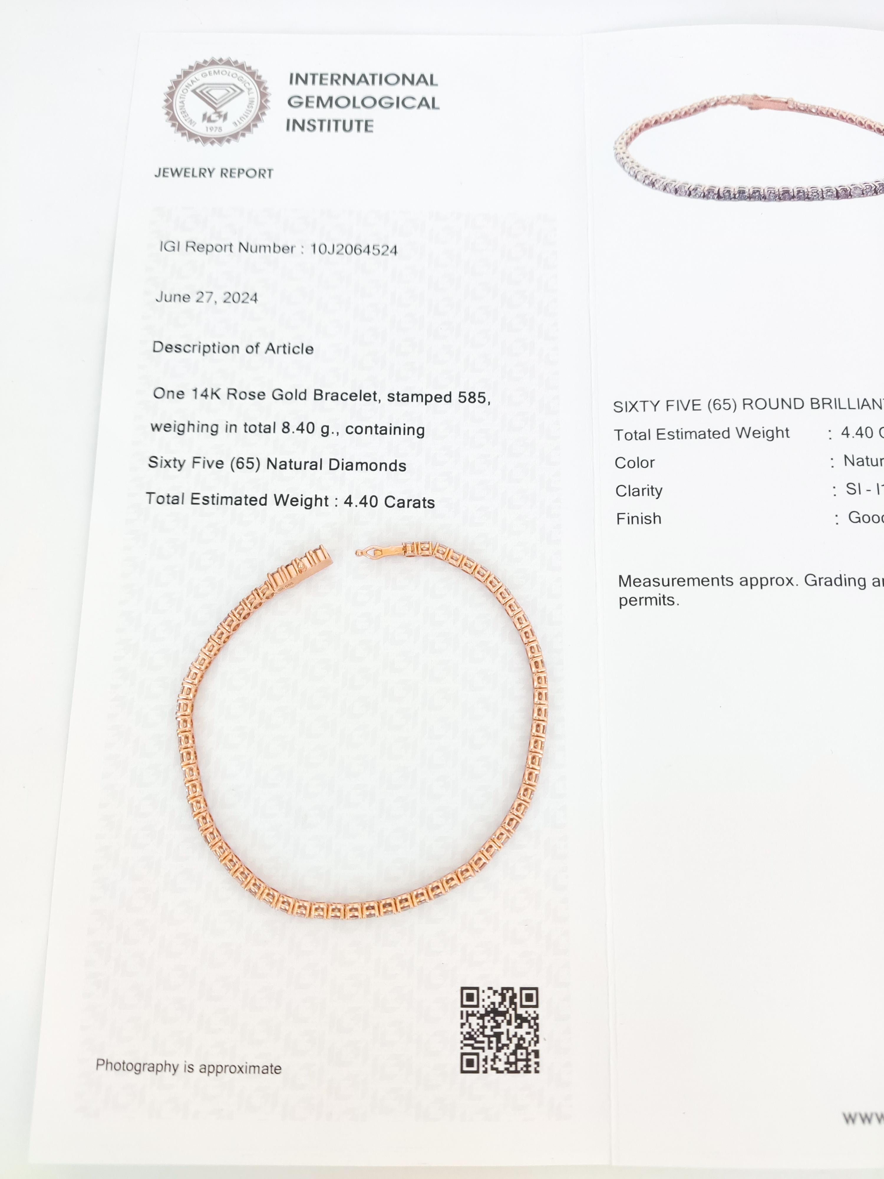 Bracciale in oro 14K con diamanti tondi naturali Pink Diamond certificati IGI da 4,40 carati 2