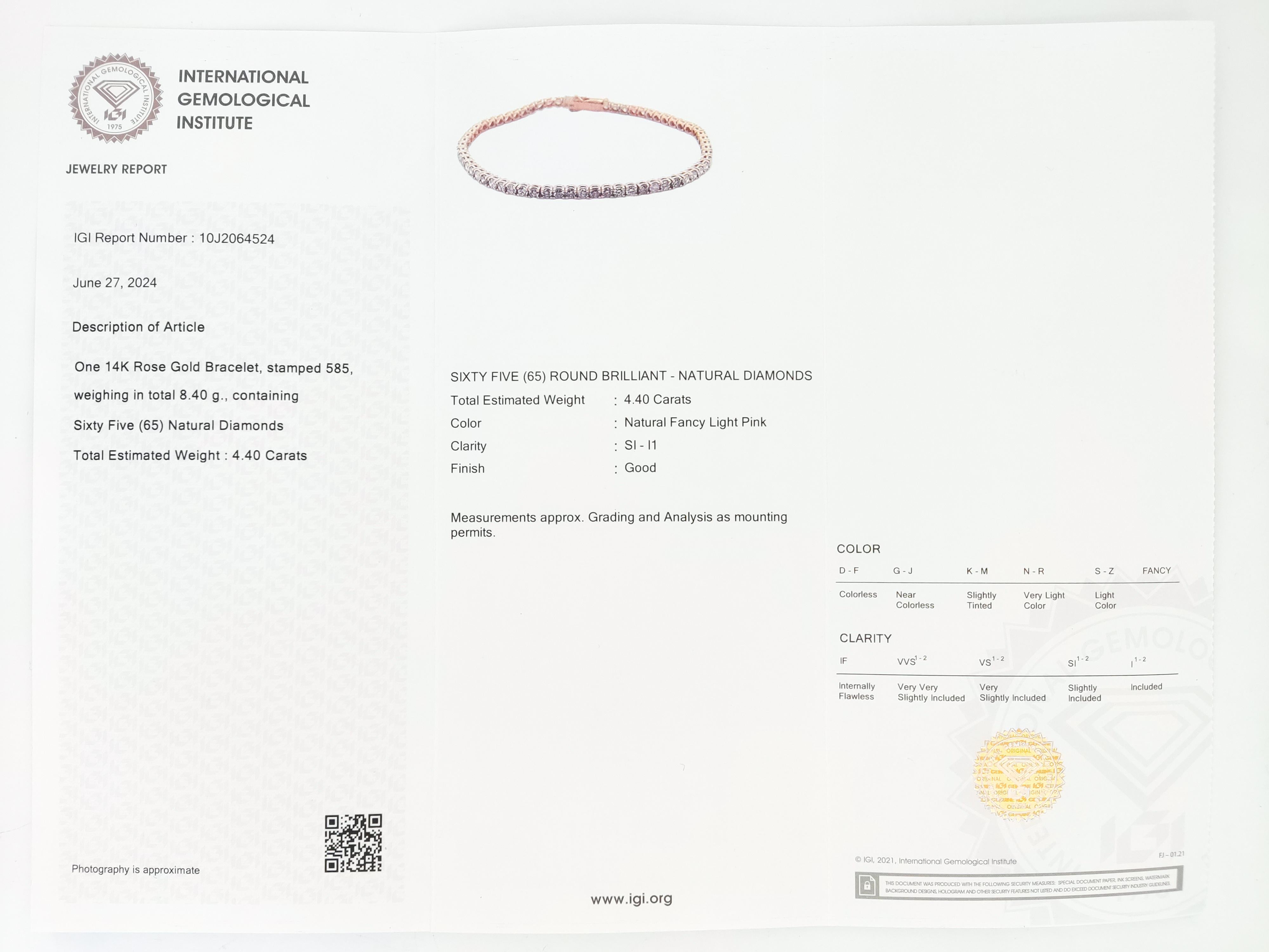 Bracciale in oro 14K con diamanti tondi naturali Pink Diamond certificati IGI da 4,40 carati 3