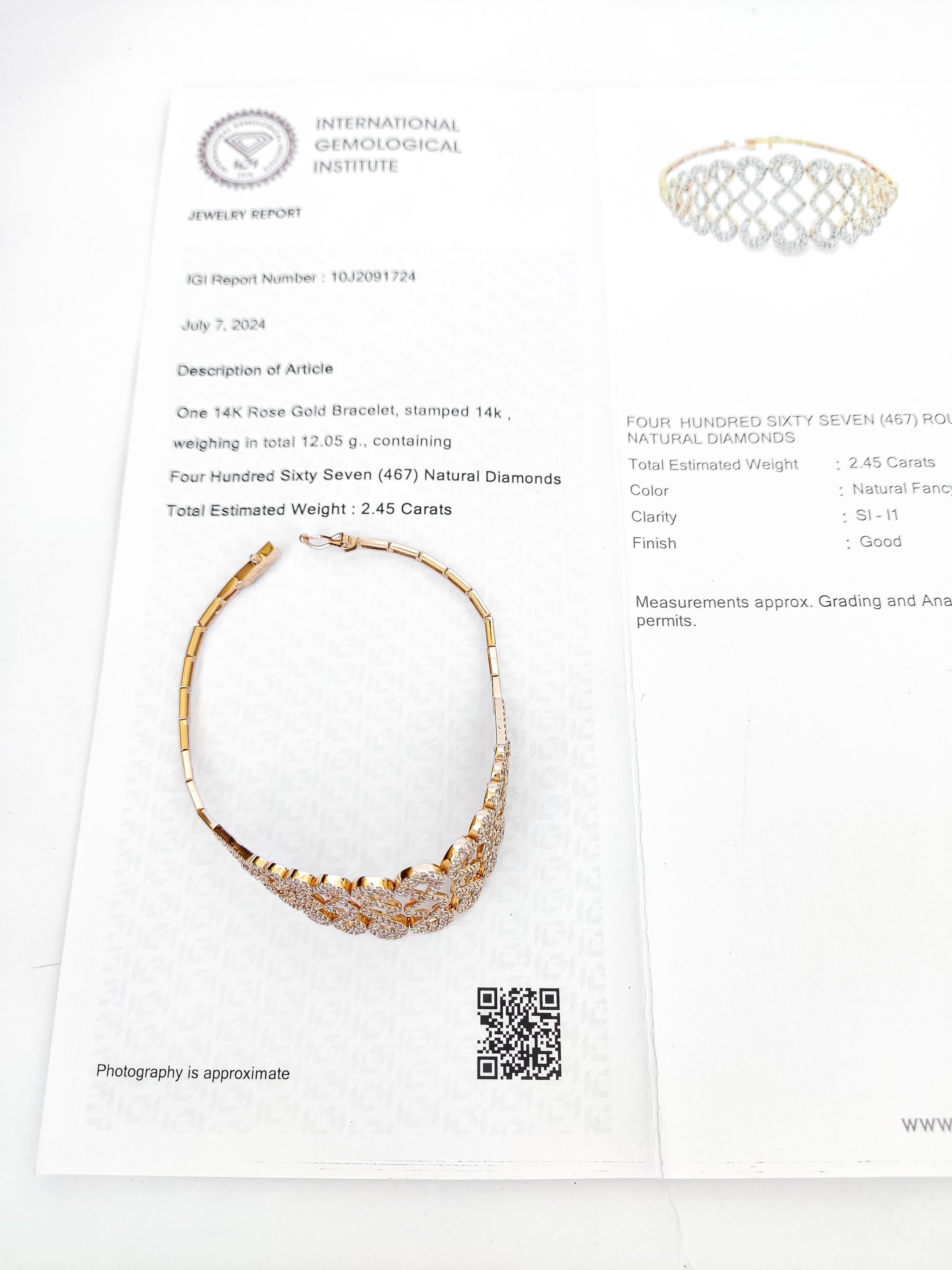 IGI Certificado 2,45 Quilates Fancy Pink Diamond Pulsera 14k Oro Rosa en venta 1