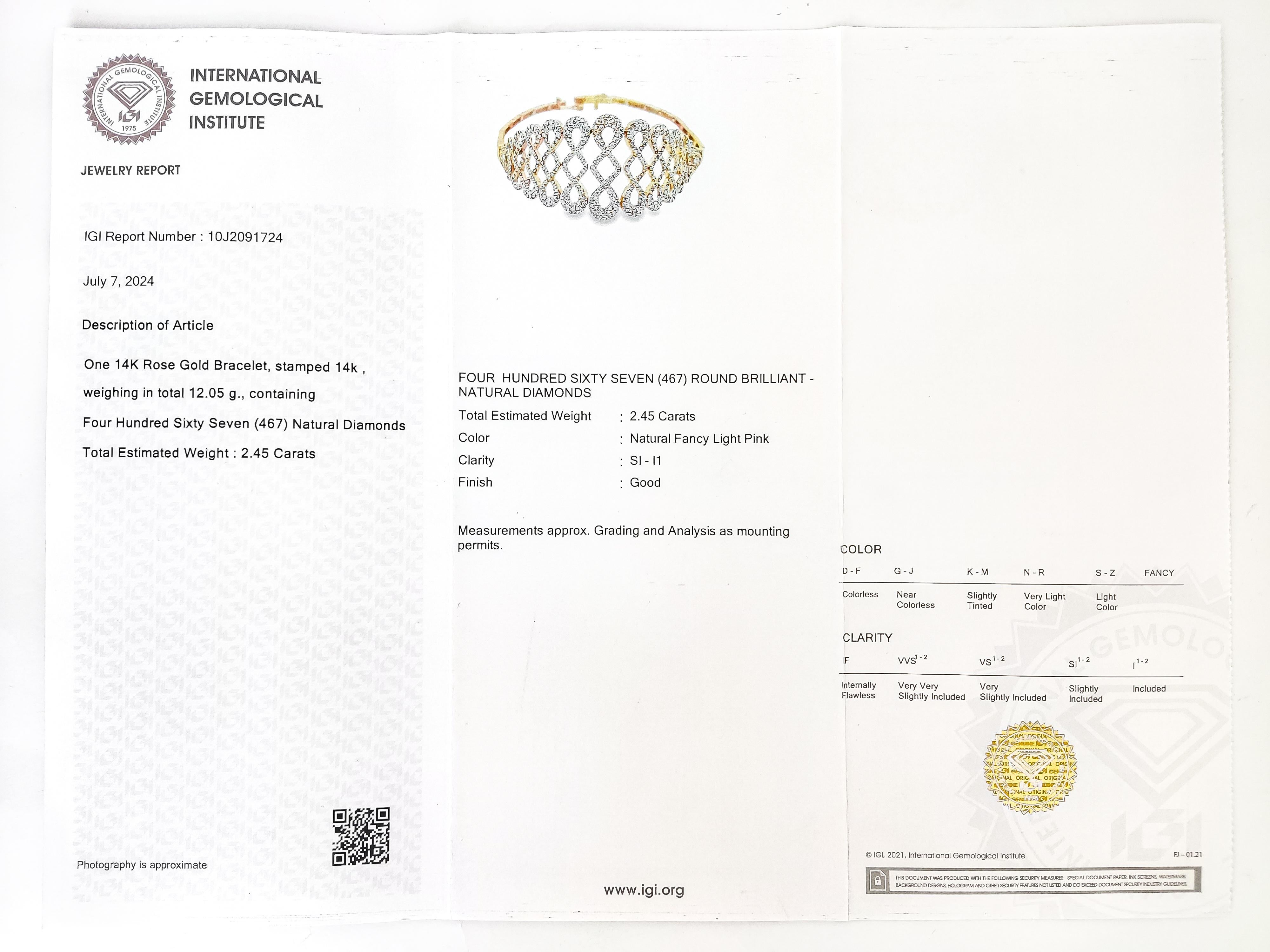 IGI Certificado 2,45 Quilates Fancy Pink Diamond Pulsera 14k Oro Rosa en venta 2