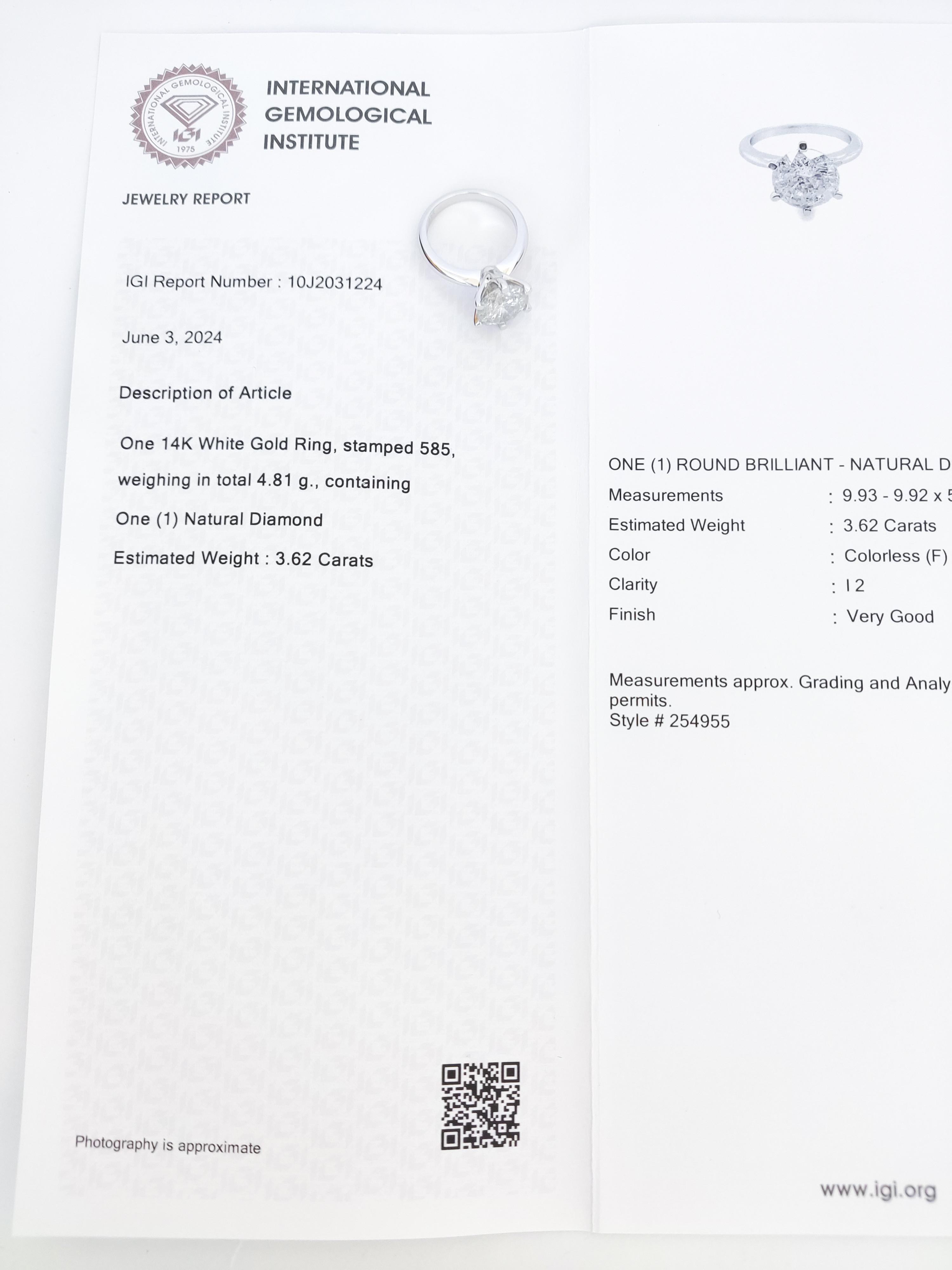 Women's IGI Certified - 3.62ct Round Diamond Solitaire Ring 14k White Gold