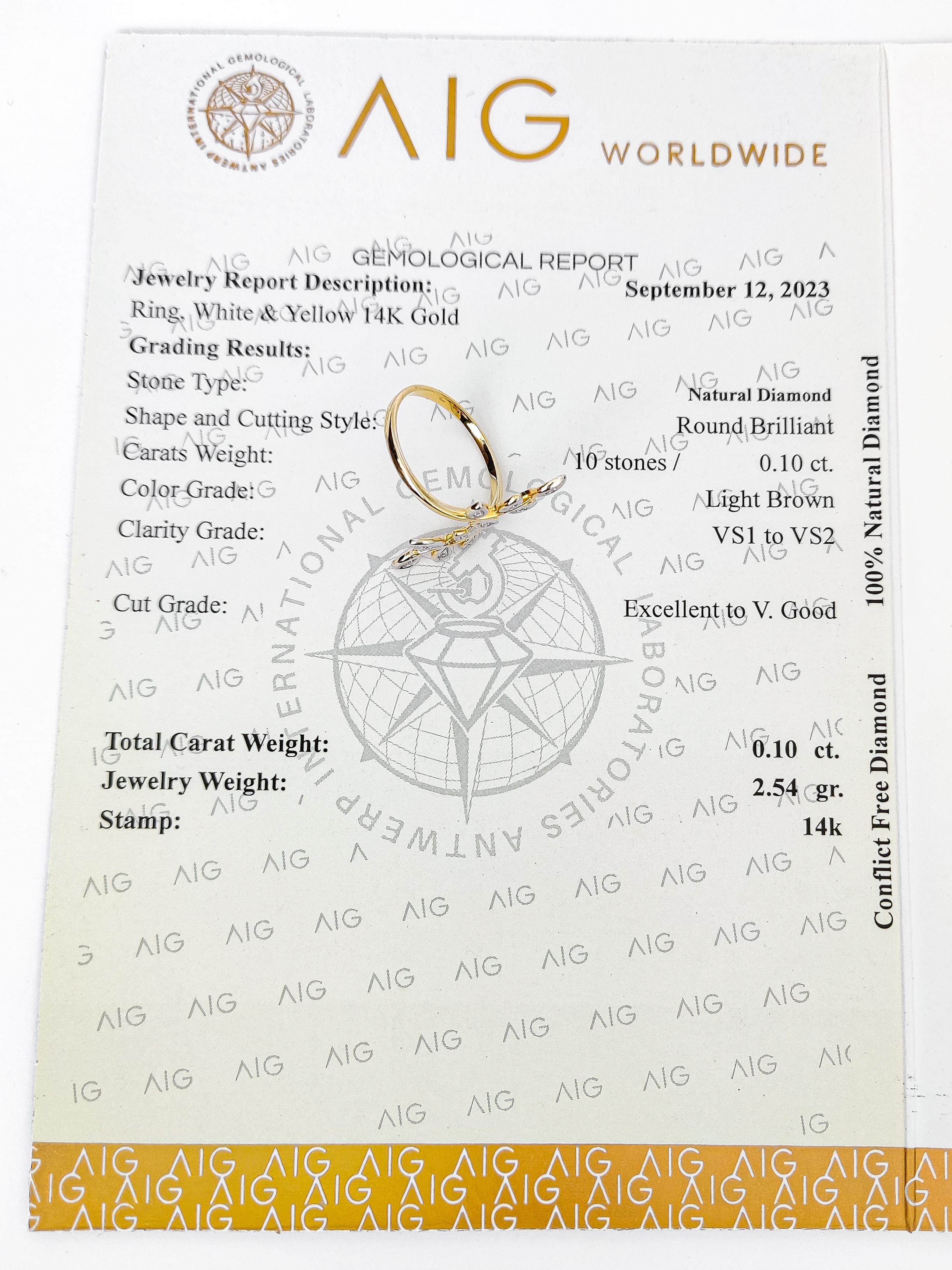 PAS DE PRIX DE RÉSERVE  Bague en or blanc et jaune 14 carats avec diamant rond de 0,10 carat Neuf - En vente à Ramat Gan, IL