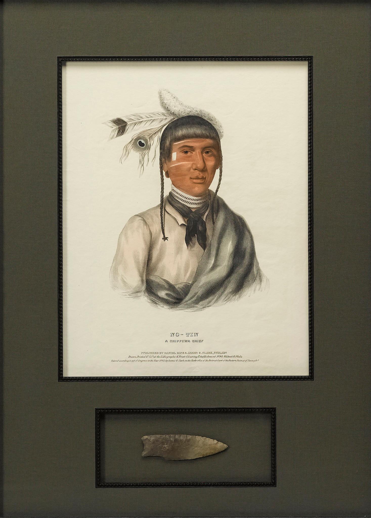 American No-Tin, A Chippewa Chief Hand-Colored Lithograph and Antique Arrowhe, circa 1838