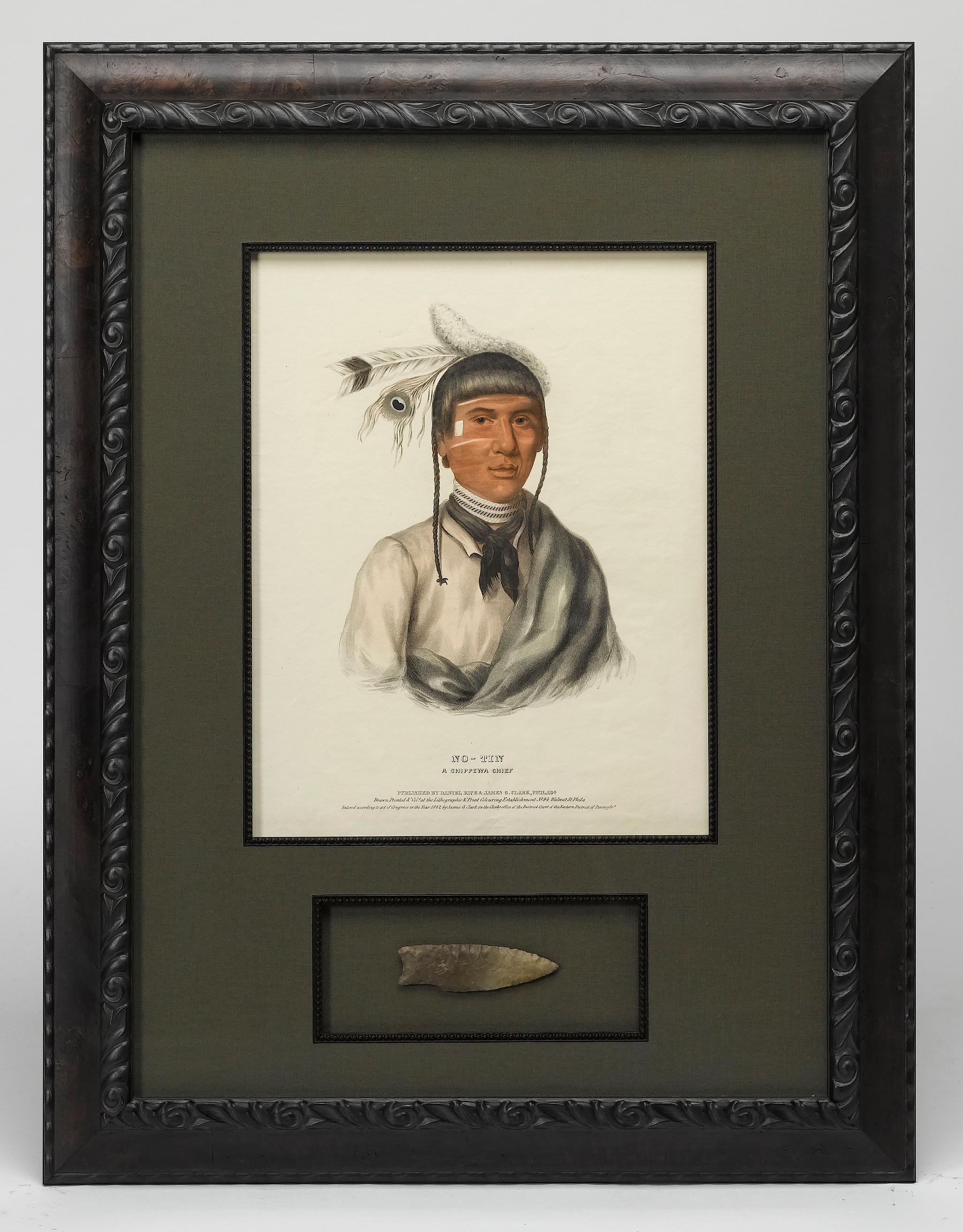 No-Tin, A Chippewa Chief Hand-Colored Lithograph and Antique Arrowhe, circa 1838 In Good Condition In Colorado Springs, CO