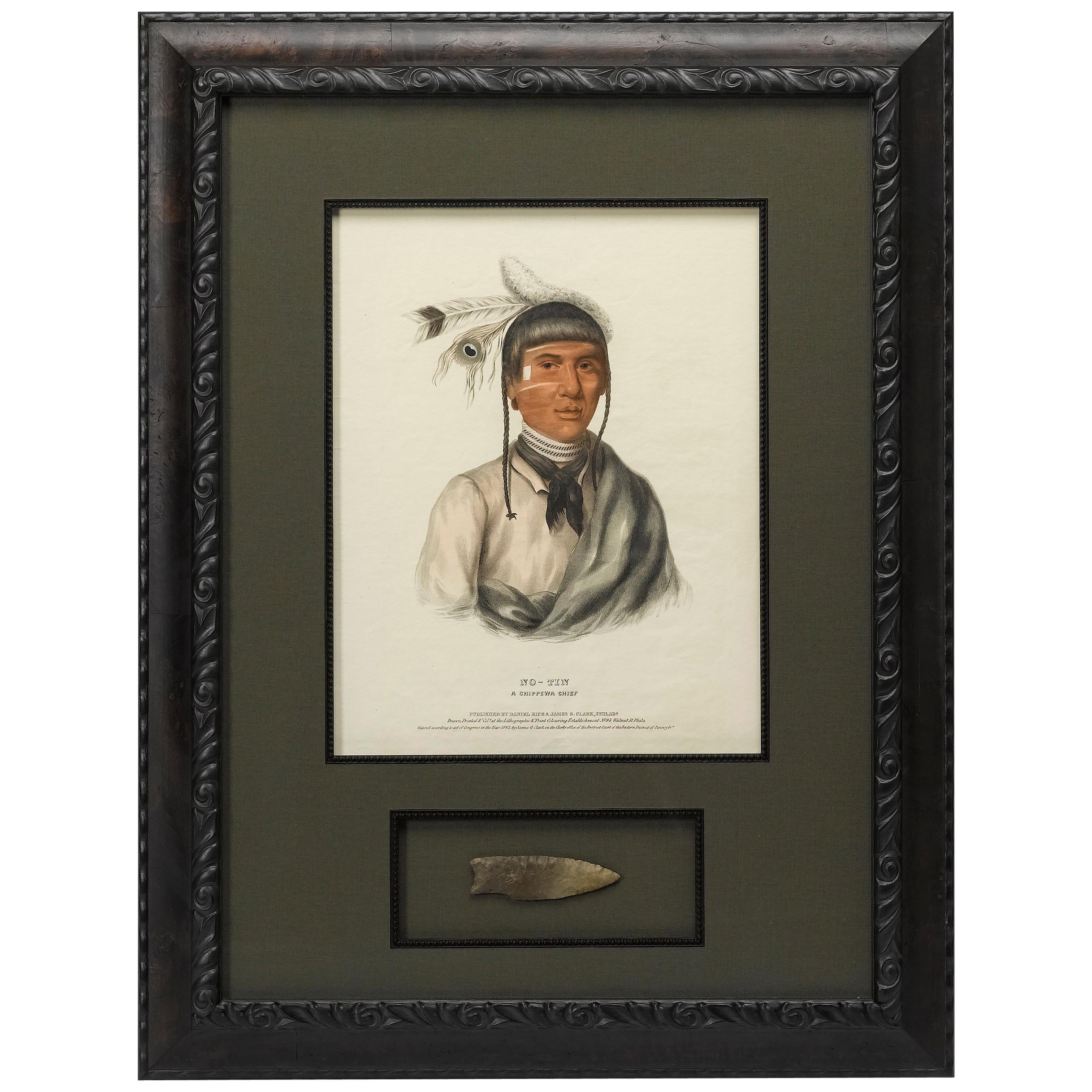 No-Tin, A Chippewa Chief Hand-Colored Lithograph and Antique Arrowhe, circa 1838