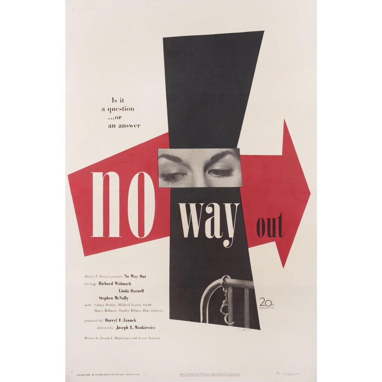 Original 1950 U.S. one sheet poster by Paul Rand for the film No Way Out directed by Joseph L. Mankiewicz with Richard Widmark / Linda Darnell / Stephen McNally / Sidney Poitier. Fine condition, folded. Many original posters were issued folded or