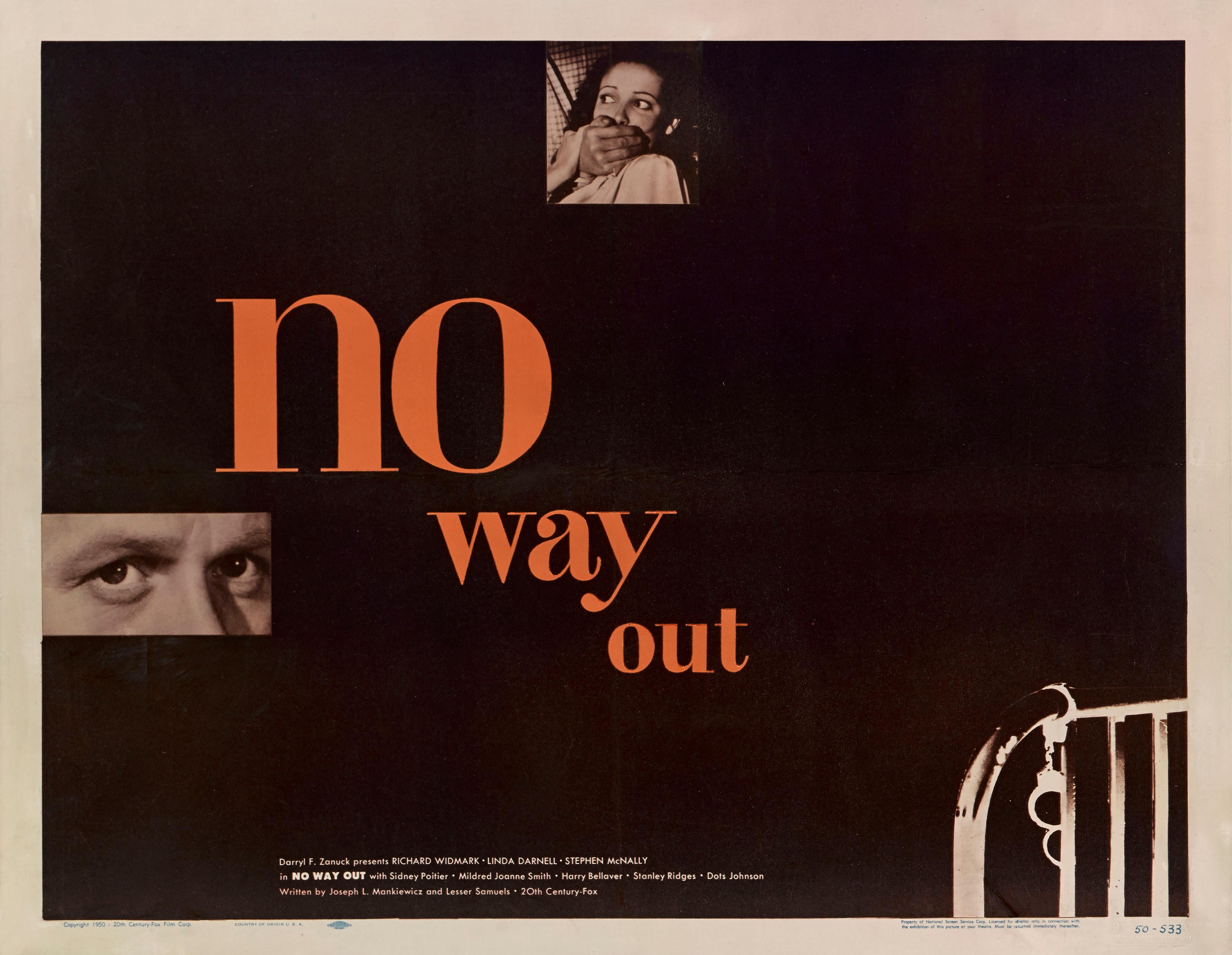 Original US-Filmplakat für das Drama No Way Out von 1950.
Der Film wurde unter der Regie von Joseph L. Mankiewicz gedreht und mit Richard Widmark und Sidney Poitier besetzt. Das Kunstwerk stammt von dem berühmten amerikanischen Grafikdesigner Paul