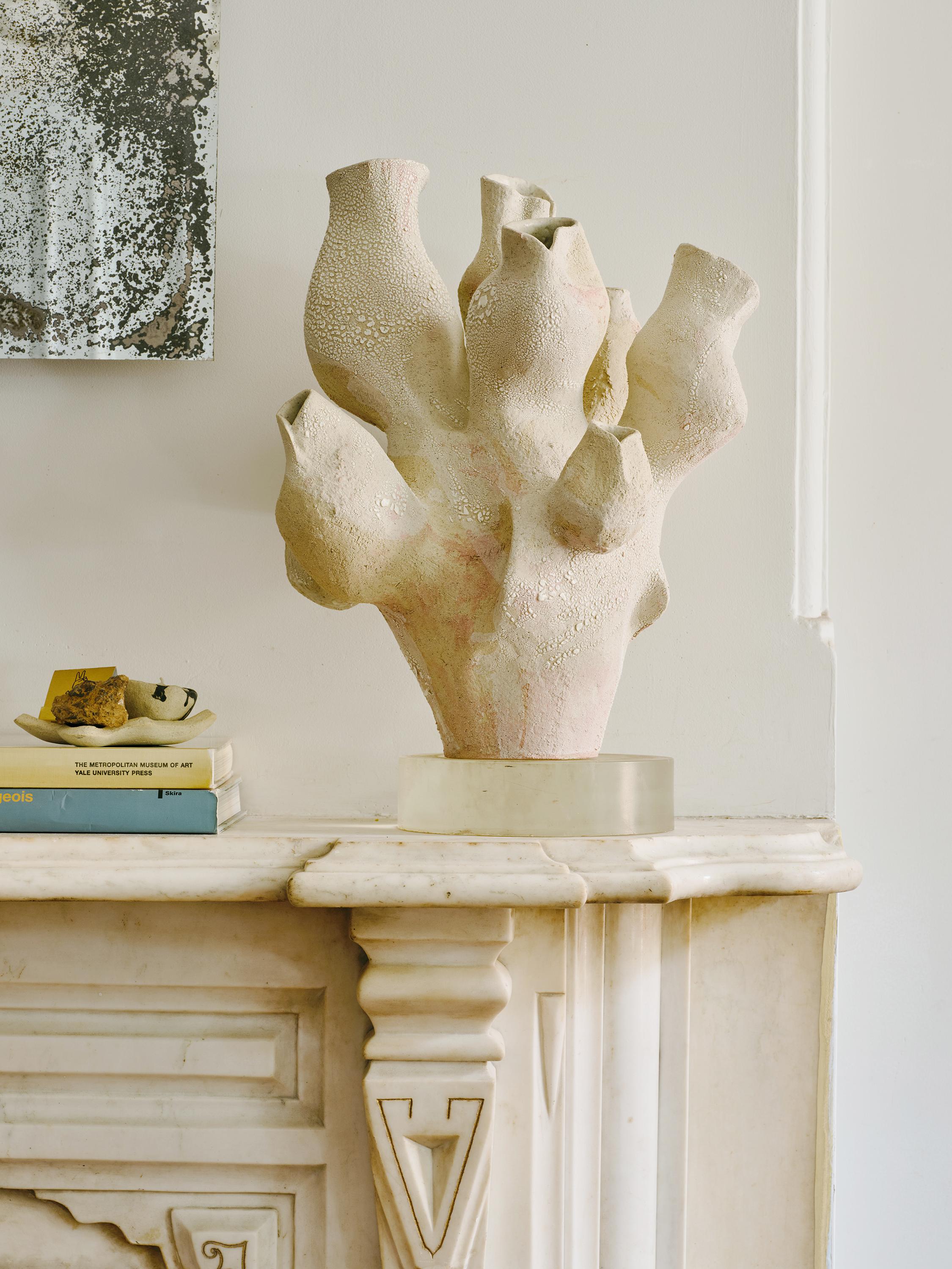 Grâce à ses multiples ouvertures, ce récipient permet de réaliser des compositions florales variées, qu'il s'agisse d'un bouquet complet ou d'une simple tige, ce qui en fait un centre de table dynamique.

Argile : Argile blanche et rose avec une