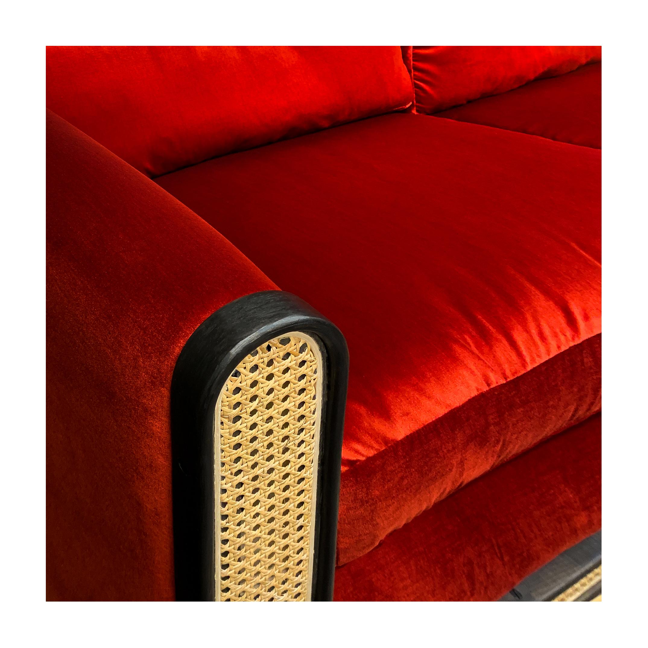 Silk Nº105 Couch - a velvet, cane and hardwood tuxedo sofa from Avoirdupois For Sale