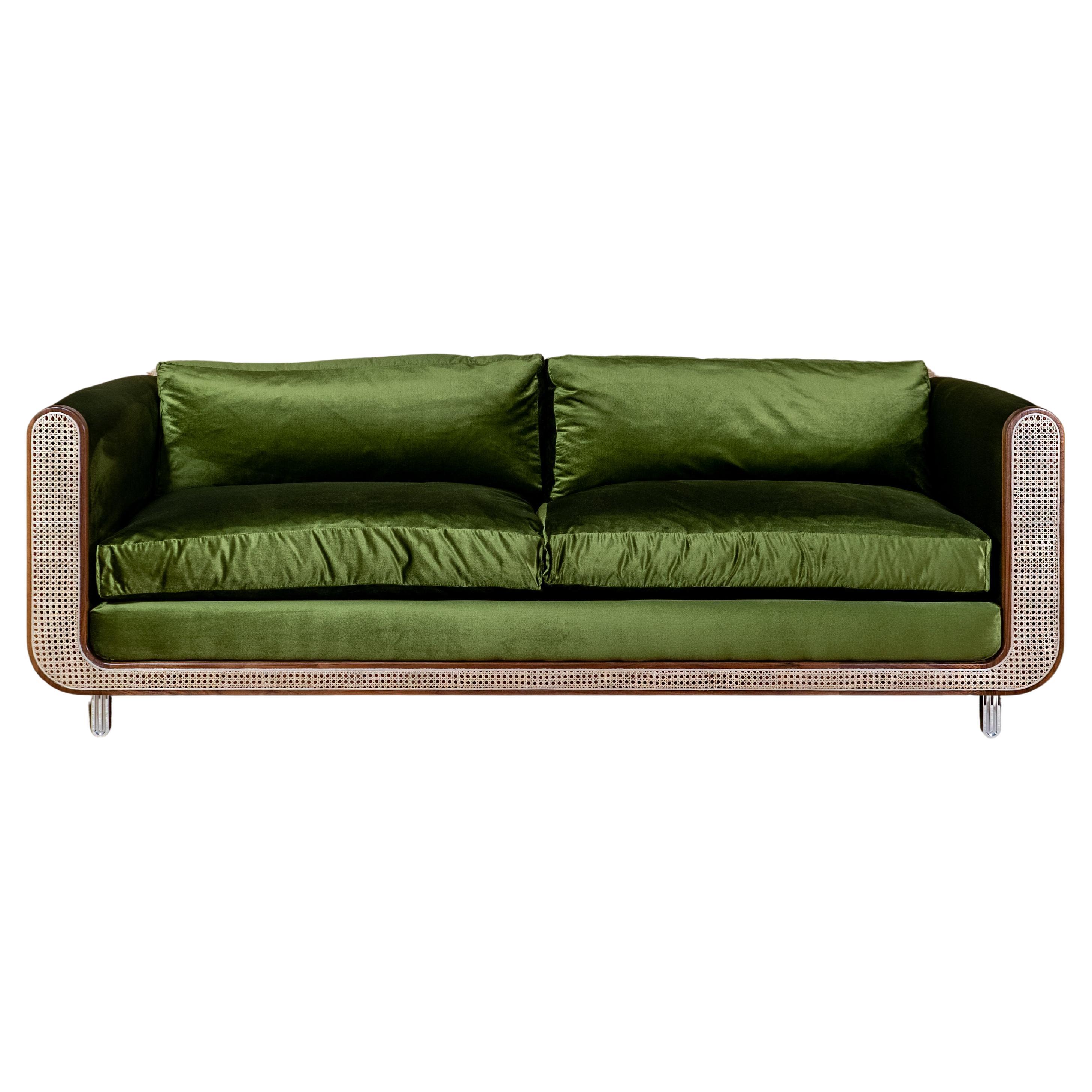 Nº105 Couch - a velvet, cane and hardwood tuxedo sofa from Avoirdupois For Sale