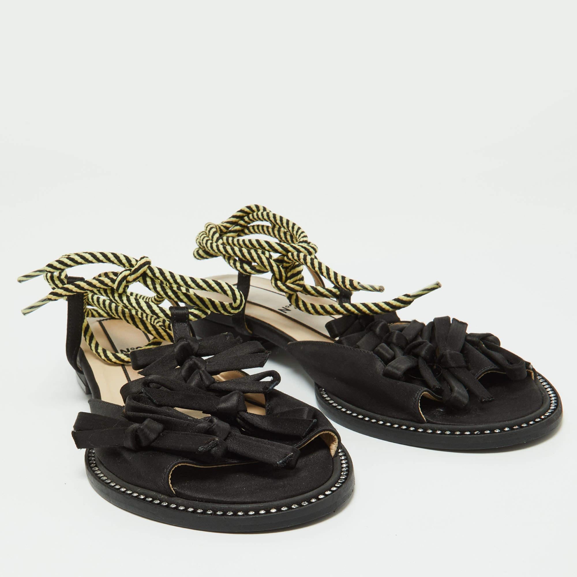 Women's Nº21 Black Satin Ankle Tie Sandals Size 37 For Sale