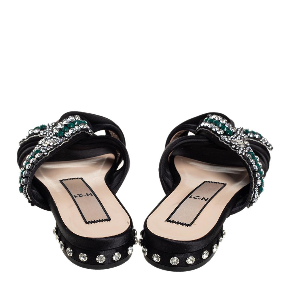 Women's Nº21 Black Satin Crystal Embellished Knotted Flat Slides Size 37
