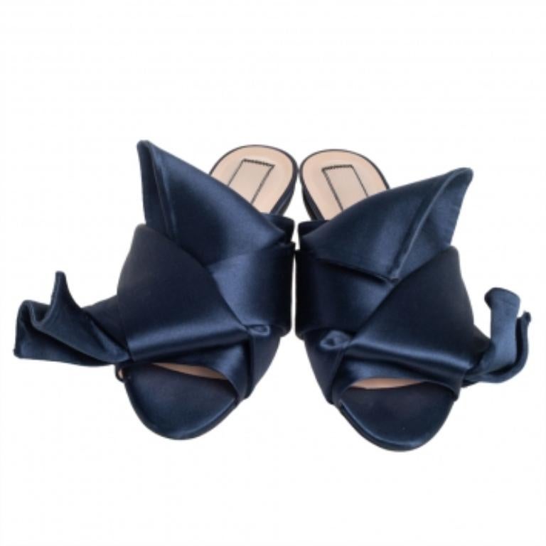 Nº21 Blau Satin Knoten flache Pantoletten Größe 36 im Angebot 1