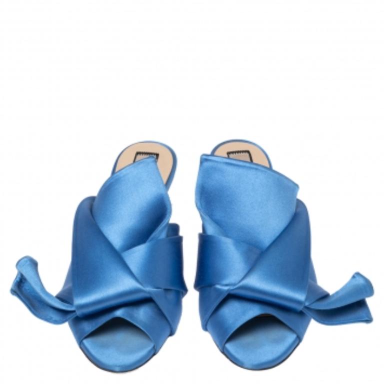 Women's Nº21 Blue Satin Raso Knot Peep Toe Kitten Heel Mules Size 36.5