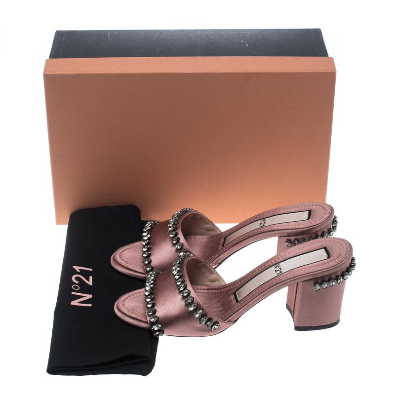 Women's Nº21 Blush Pink Satin Crystal Embellished Slide Sandals Size 37
