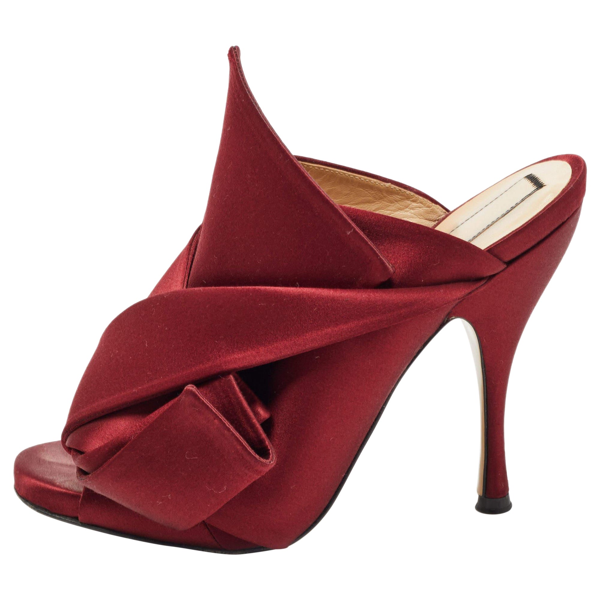 Nº21 Burgundy Satin Raso Knot Peep Toe Mules Size 37