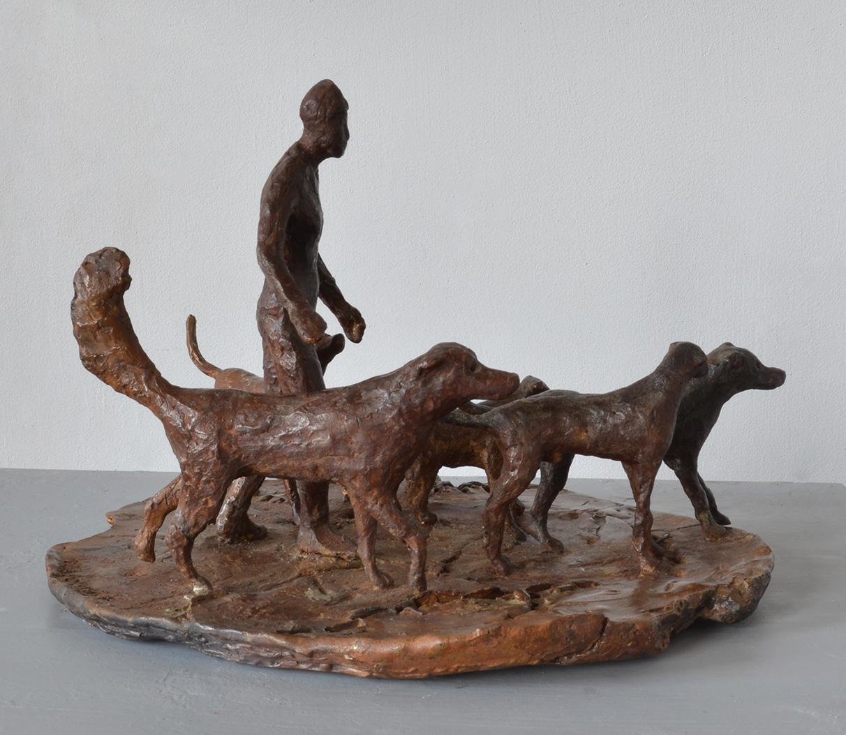 Dog Walker- 6 bronze Dogs Walking their Human by New York artist Noa Bornstein  For Sale 1