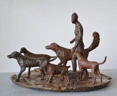 Dog Walker- 6 bronze Dogs Walking their Human by New York artist Noa Bornstein 
