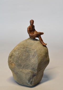 Man With View- playful miniature bronze man on its stone figure 