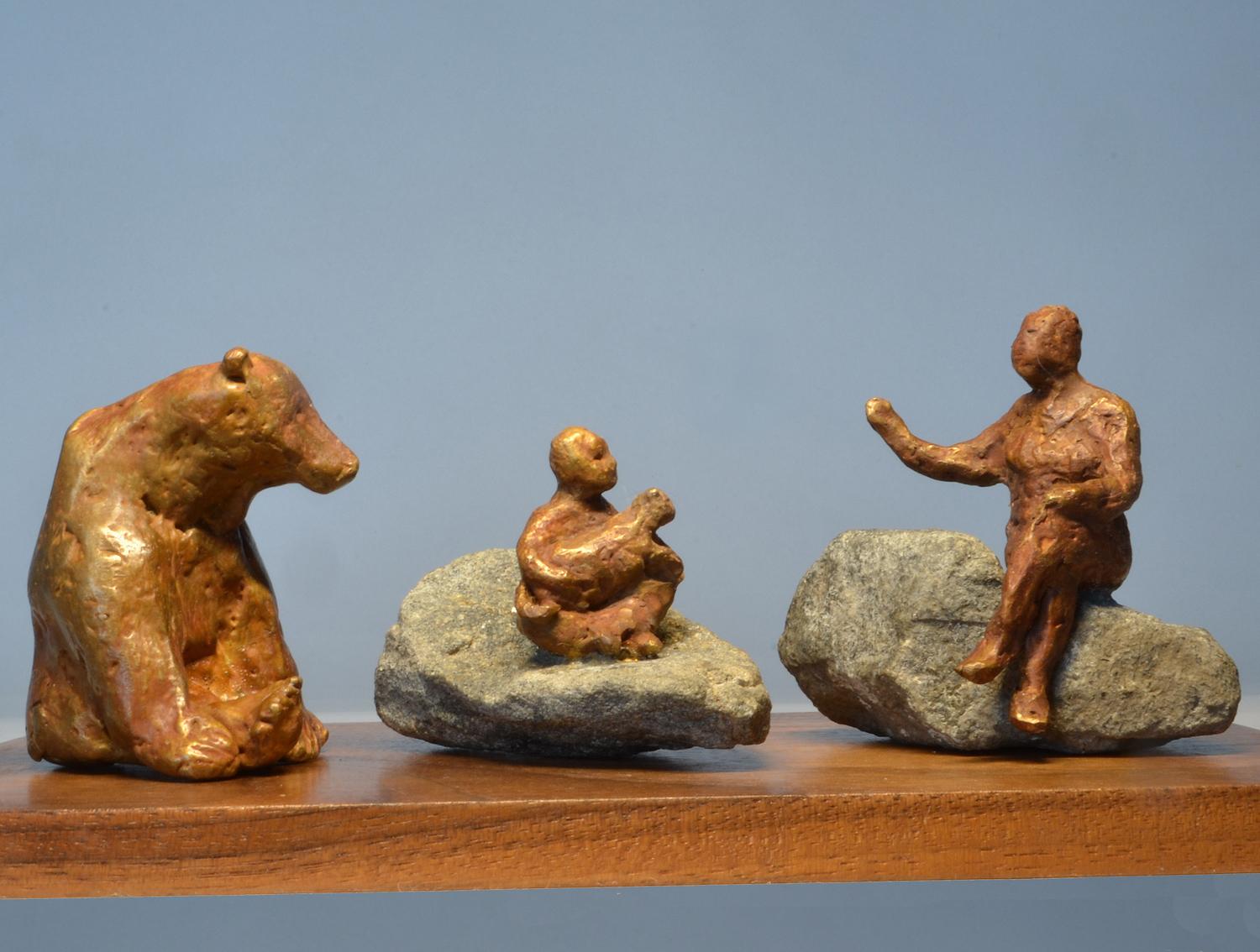 Noa Bornstein Figurative Sculpture - "Once Upon a Time with Bear" interactive bronze figures 