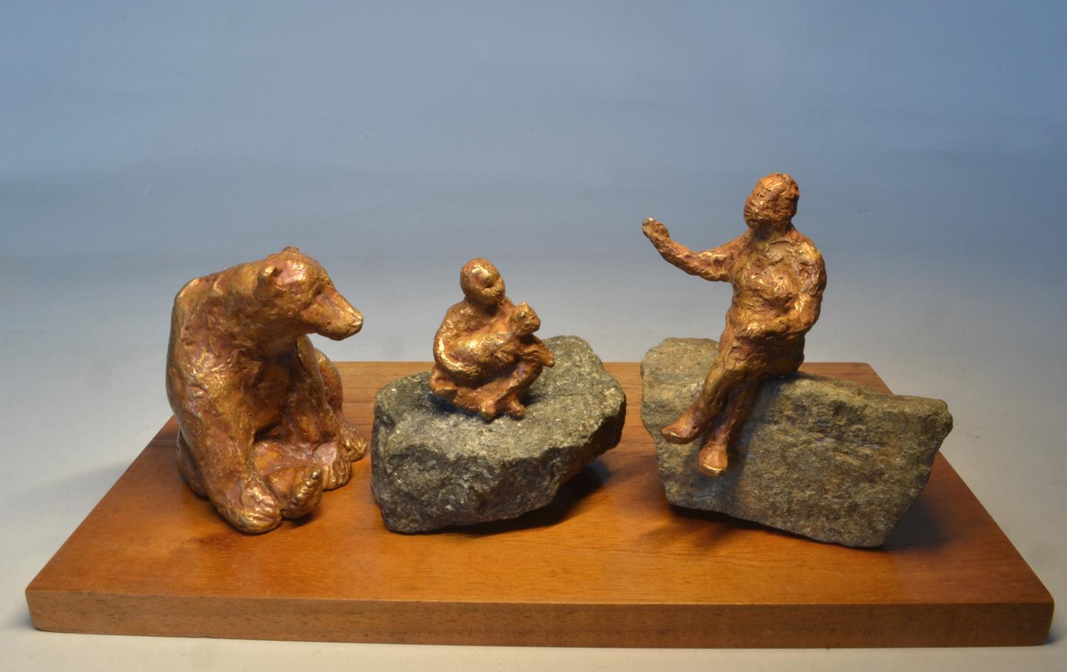 Once Upon a Time with Bear- playful interactive bronze figures  - Contemporary Sculpture by Noa Bornstein