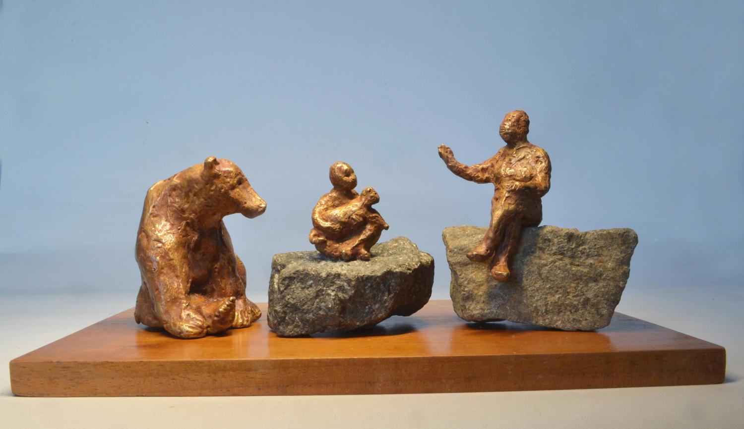 Noa Bornstein Figurative Sculpture - Once Upon a Time with Bear- playful interactive bronze figures 