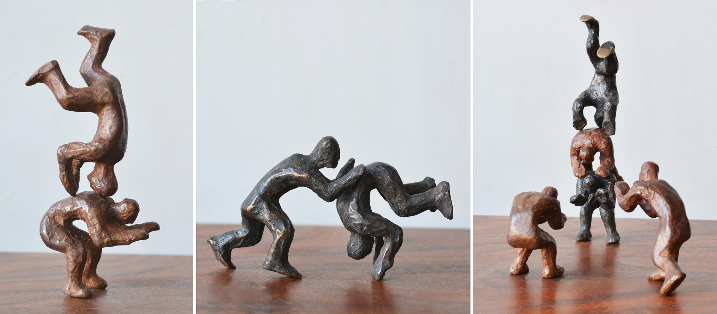 Noa Bornstein Figurative Sculpture - Why Fight When You Can Play? 2 Pairs of interactive miniature bronze figures 