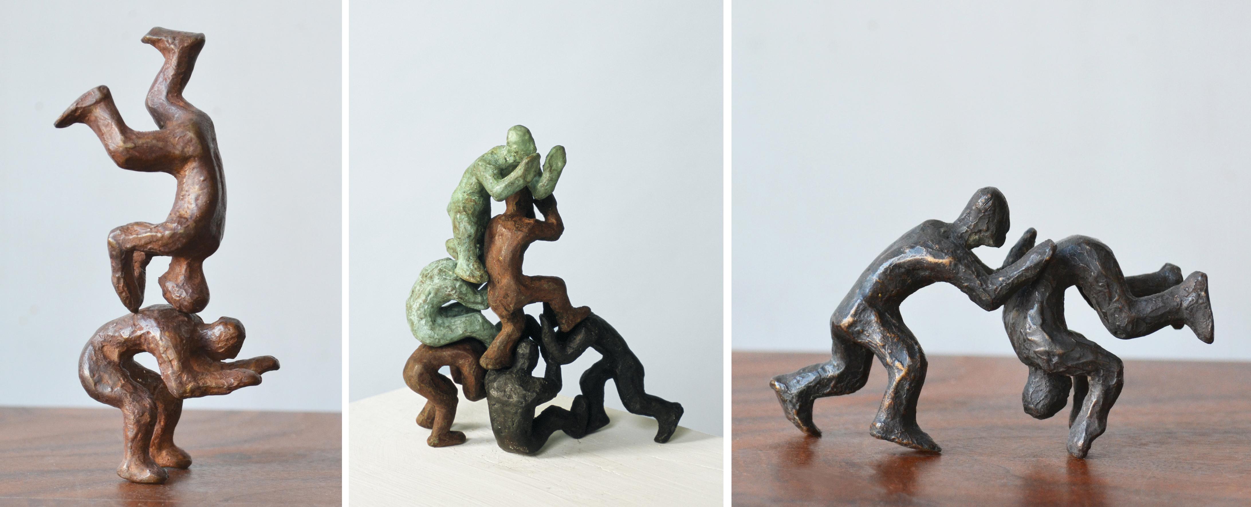 Noa Bornstein Figurative Sculpture - Why Fight When You Can Play? 3 Pairs interactive miniature bronze figures 