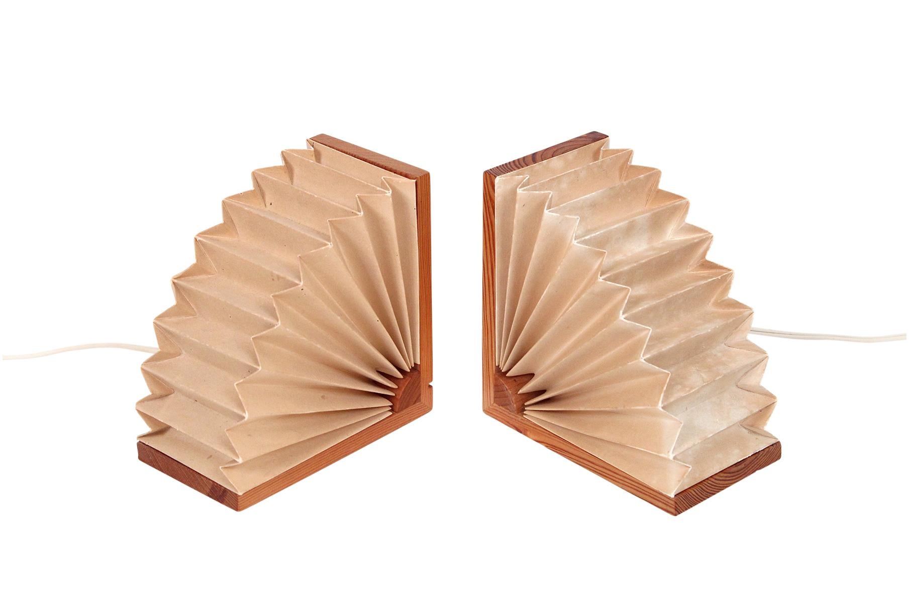 Coppia di lampade da tavolo o applique a fisarmonica del designer americano Noah Slutsky. Paralumi in carta pergamena attaccati a basi in Wood. Firmato con l'etichetta dei disegnatori sul retro di un esemplare.

____

Stiamo offrendo ai nostri