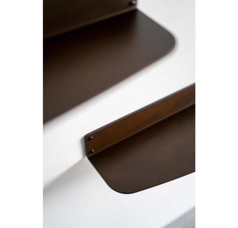 These shelves are custom made in Los Angeles. The industrial sheet
metal is sheered to size, patinated and welded
INDUSTRIAL STEEL
PATINA + POLY FINISH
CUSTOMIZE THIS PIECE

For all furniture, protection from heat and moisture is crucial to the