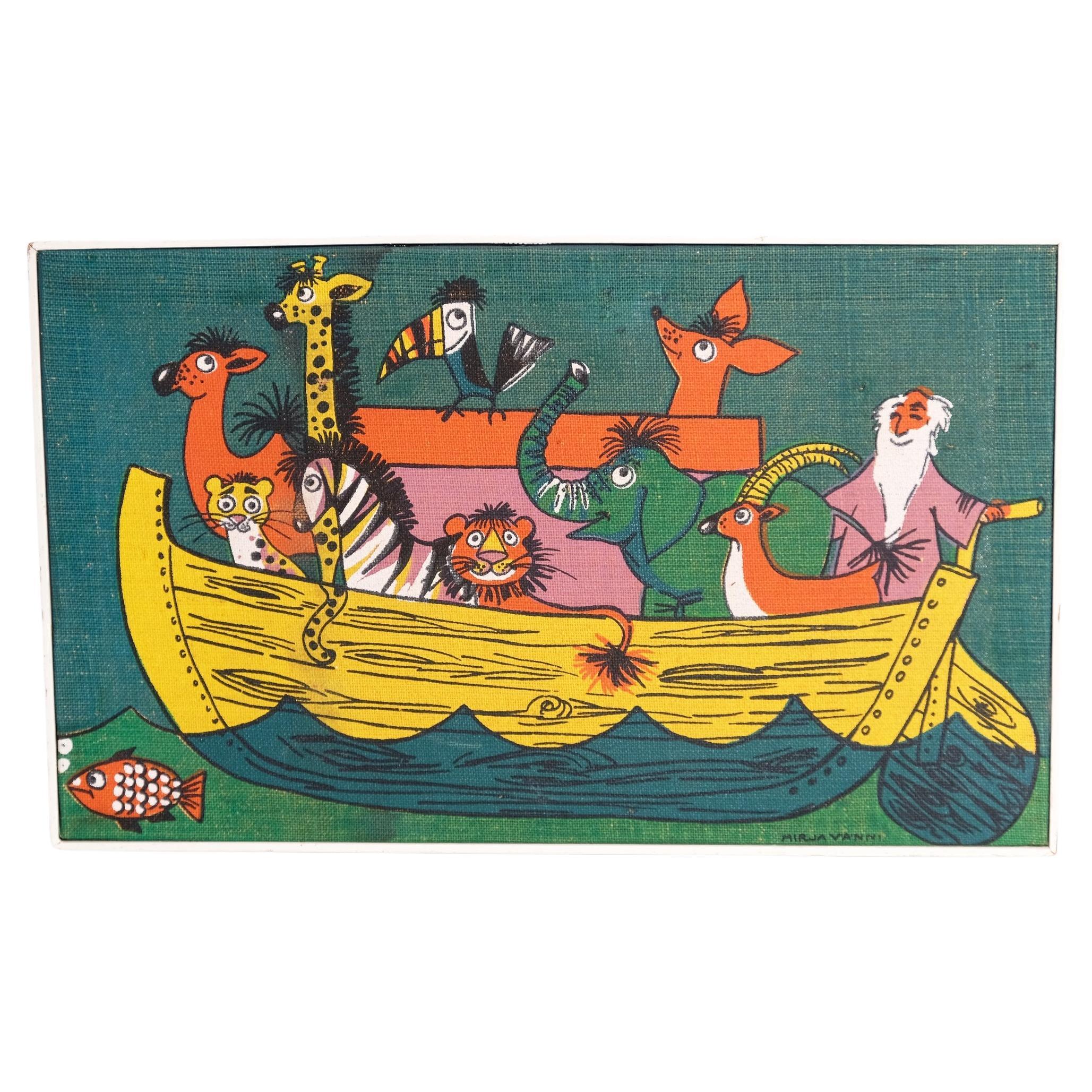 "Noah's Arc" screen print on jute by Mirja Vänni, Finland, 1960's For Sale