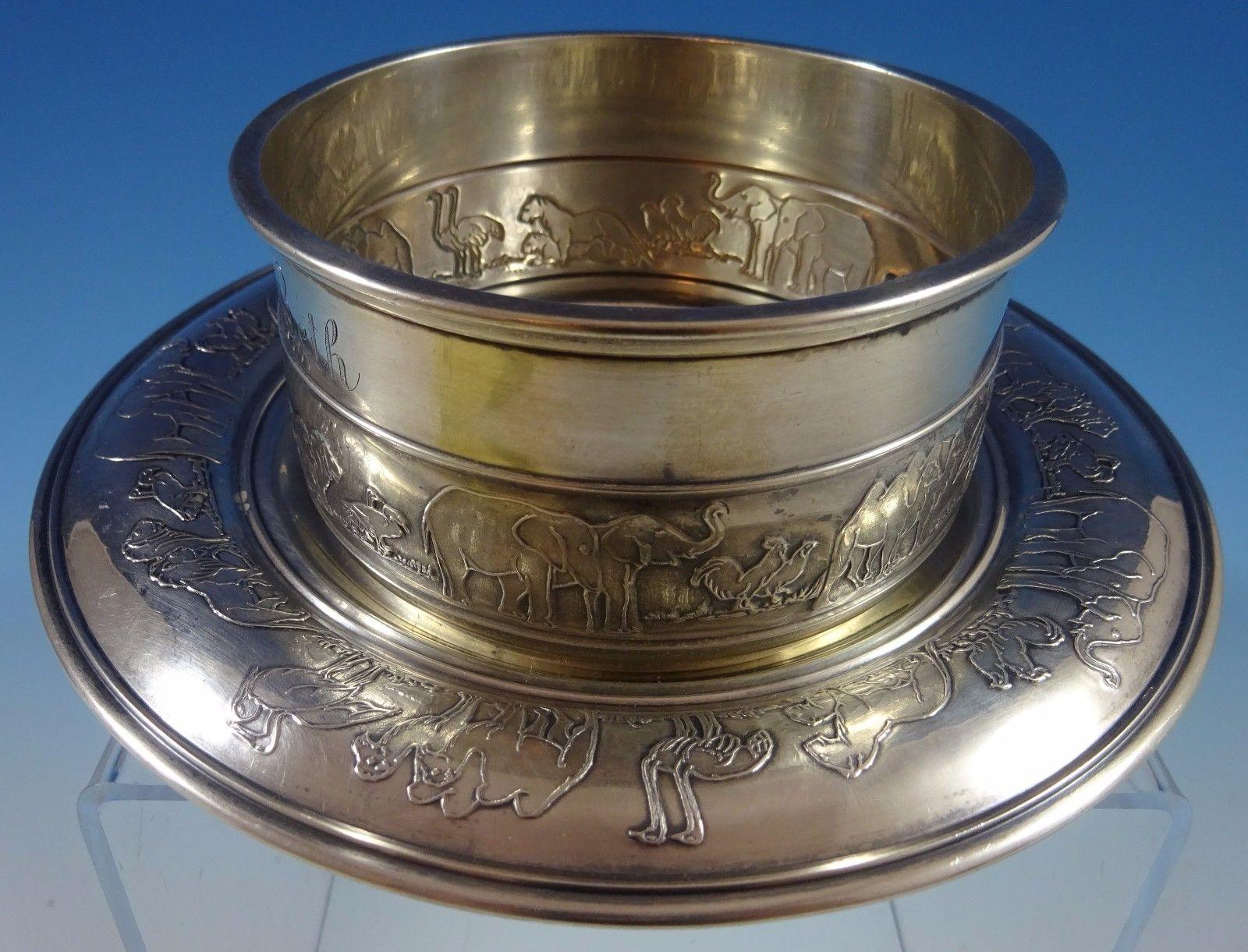 Noahs Ark by Gorham Sterling Silver Child's Set 2-Piece Bowl and Underplate In Excellent Condition In Big Bend, WI