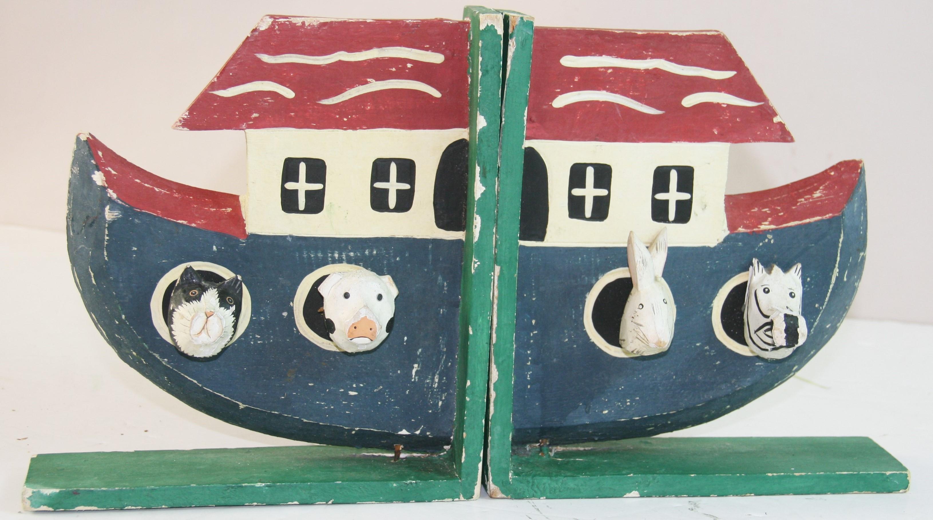 1878 Noah's Ark carved wood sculpture/bookends'
Eack animal is individually carved and painted
Paint loss due to age and use