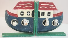 Antique Folk Art Noah's Ark Carved Wood Bookends, 1950s, Unique Design