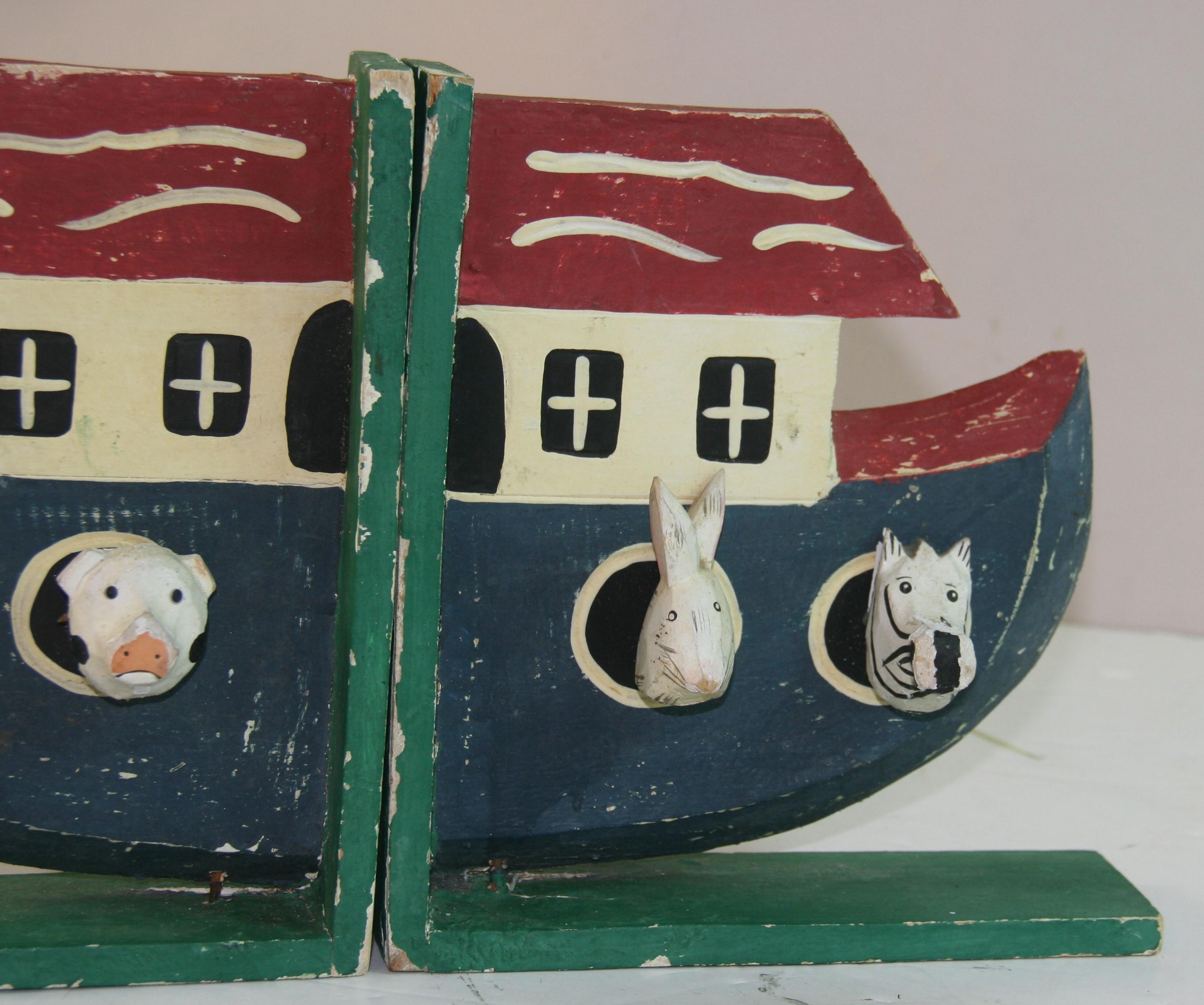 Fruitwood Noah's Ark Folk Art Carved Wood Sculpture /Bookends For Sale