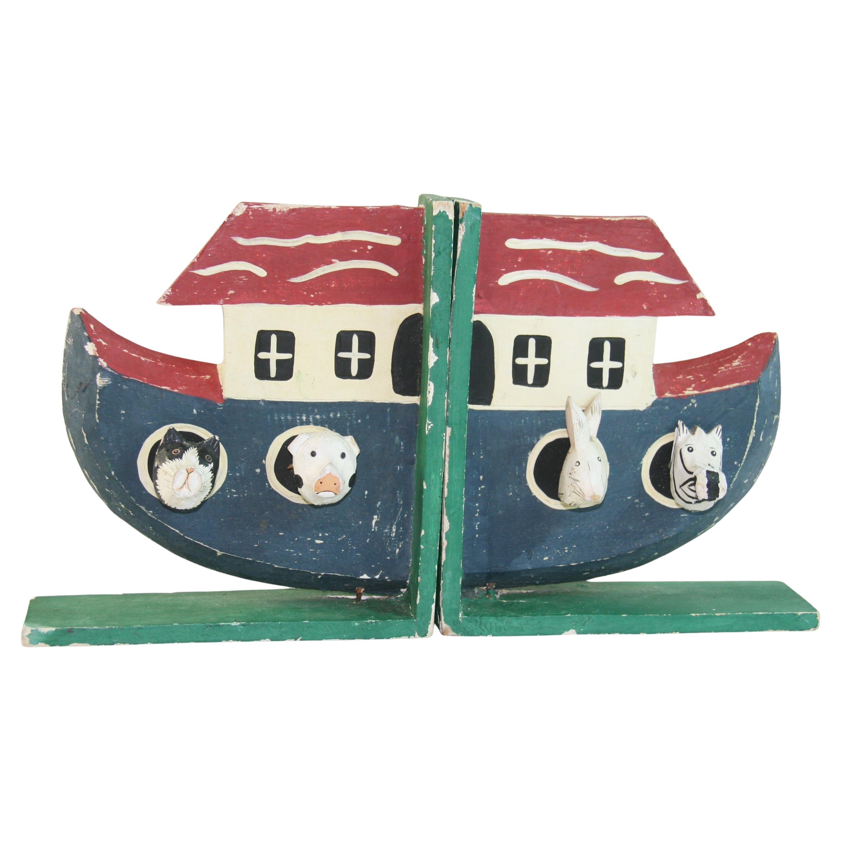 Noah's Ark Folk Art Carved Wood Sculpture /Bookends For Sale