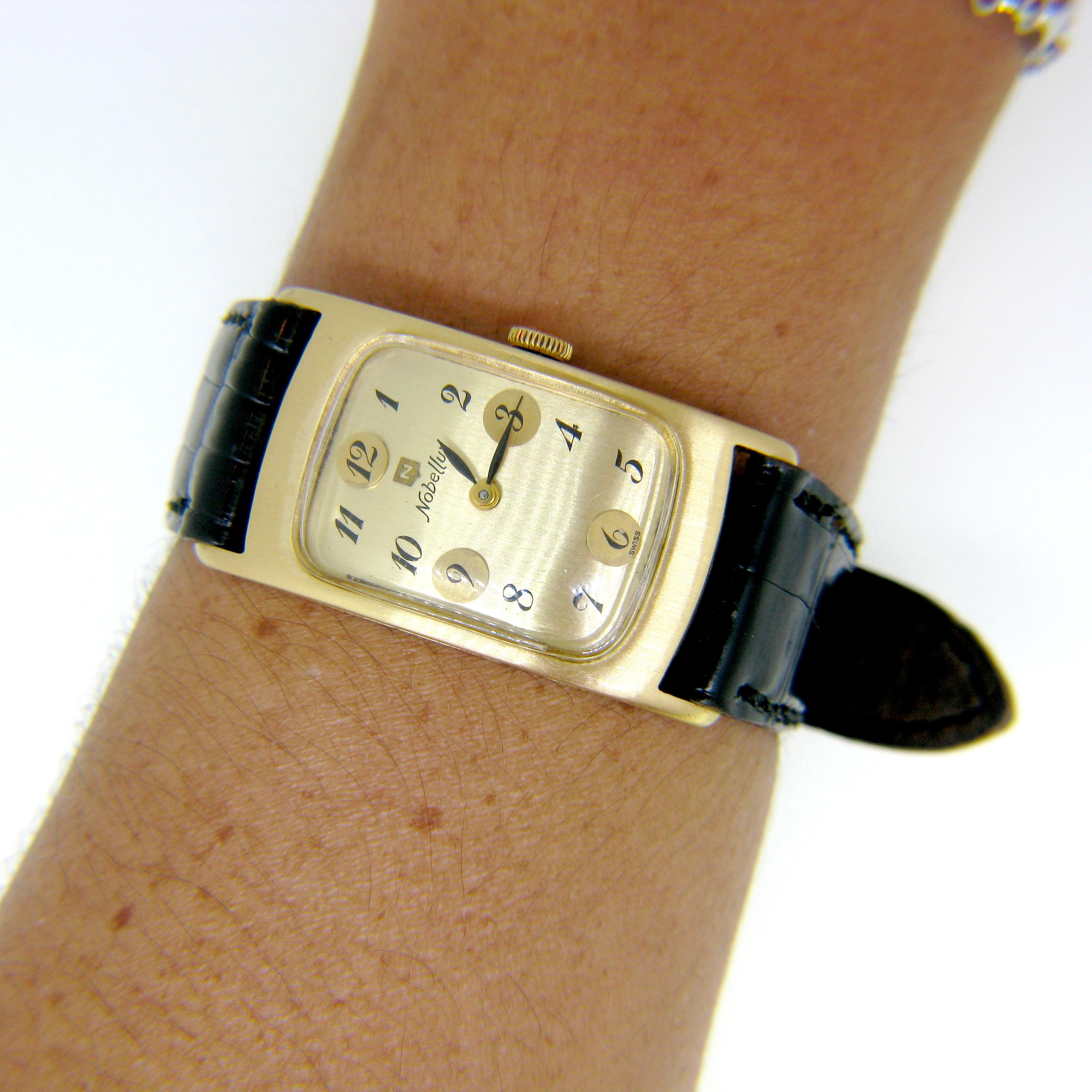 Nobellux Vintage Art Deco Gelbgold Mechanische Herrenuhr Nobel Nobellux im Zustand „Gut“ in London, GB