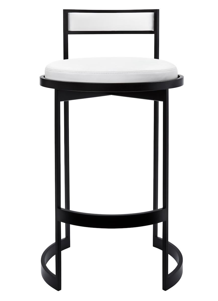 Contemporary bar stool with plated or powder coat steel frame and stationary cushioned backrest. Tightly upholstered swivel seat with top-stitched seams. Measures: Seat height 29