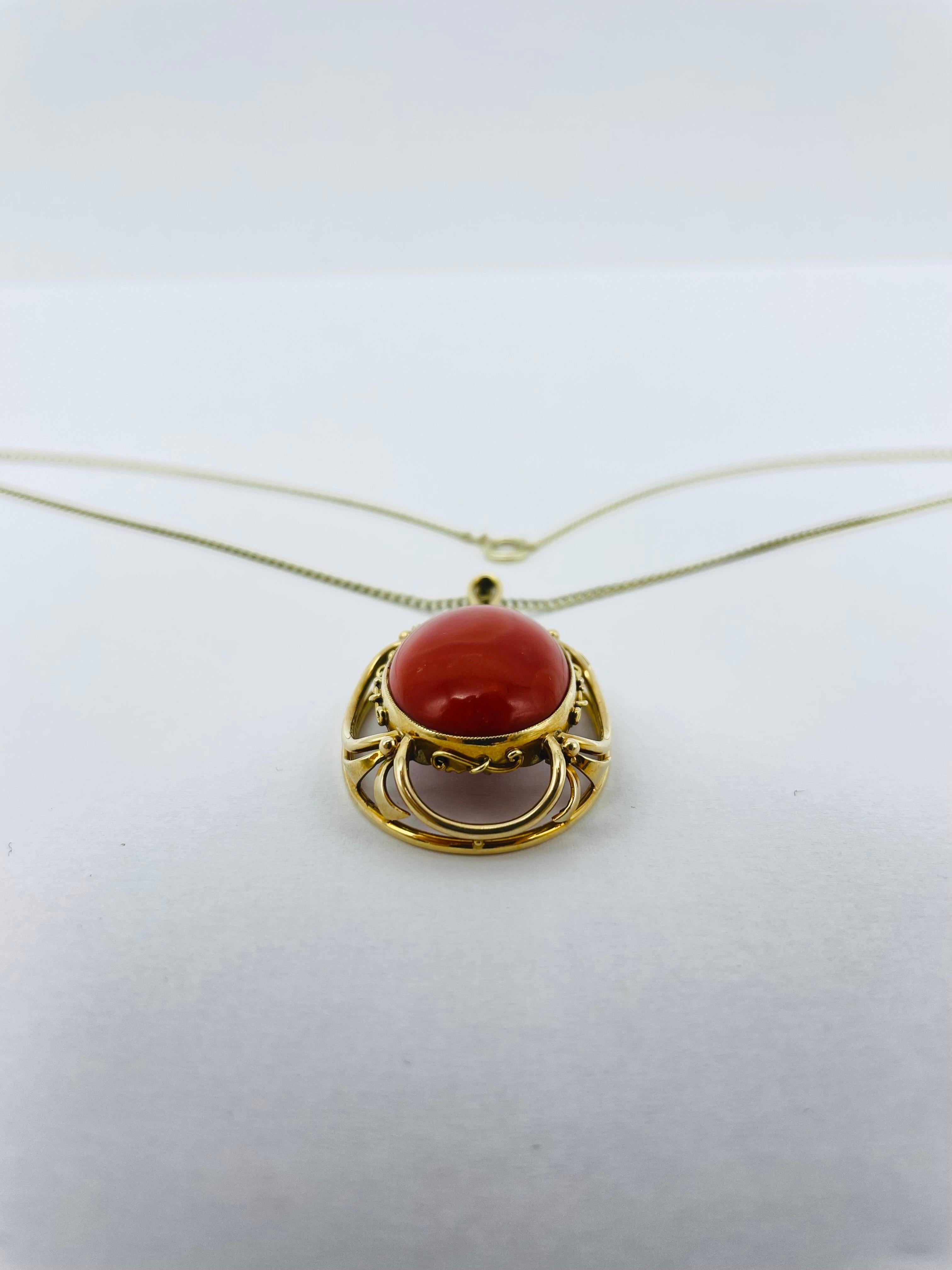 Cabochon Noble 14k Red Coral Pendant and Chain For Sale
