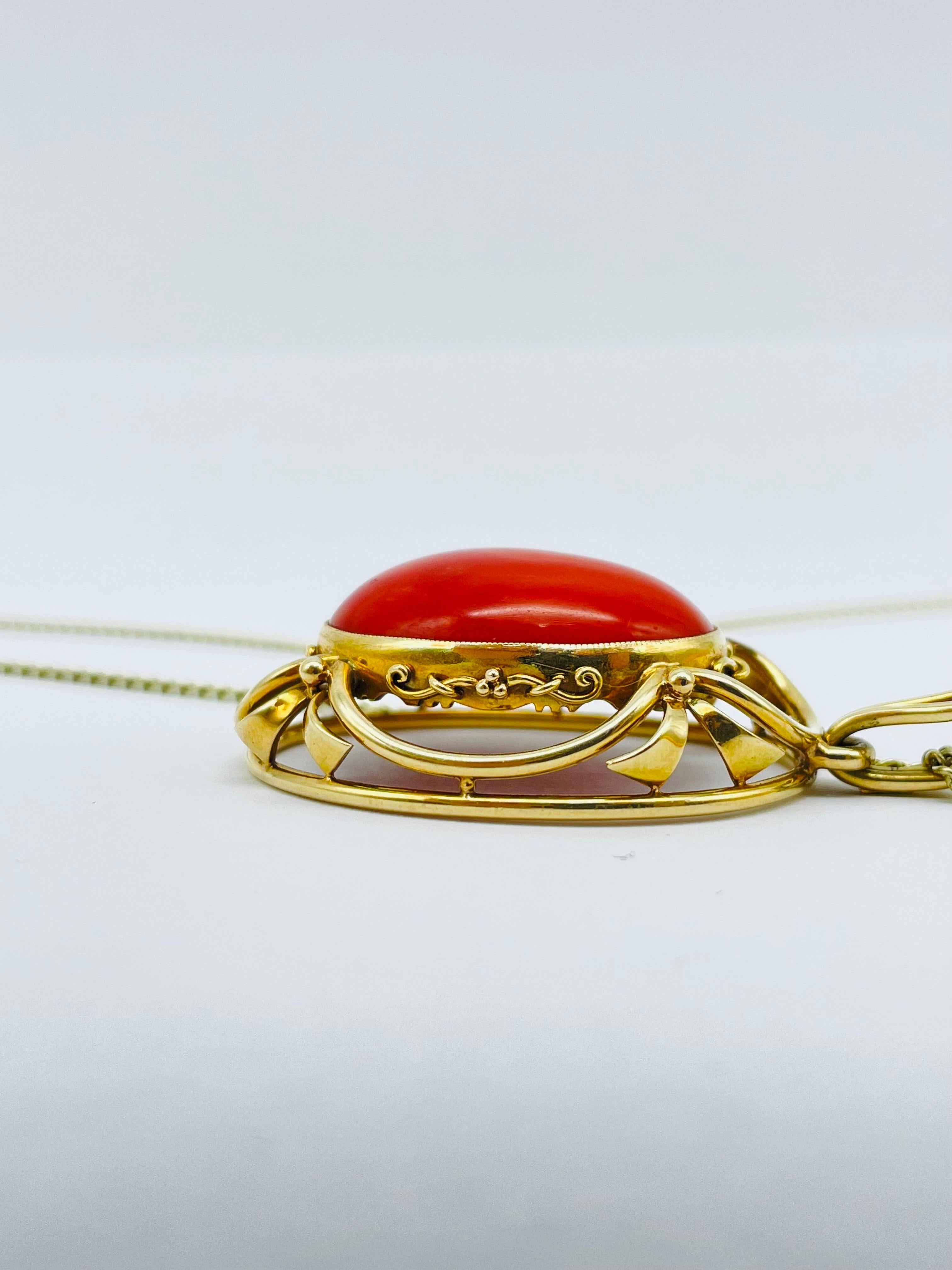 Women's Noble 14k Red Coral Pendant and Chain For Sale