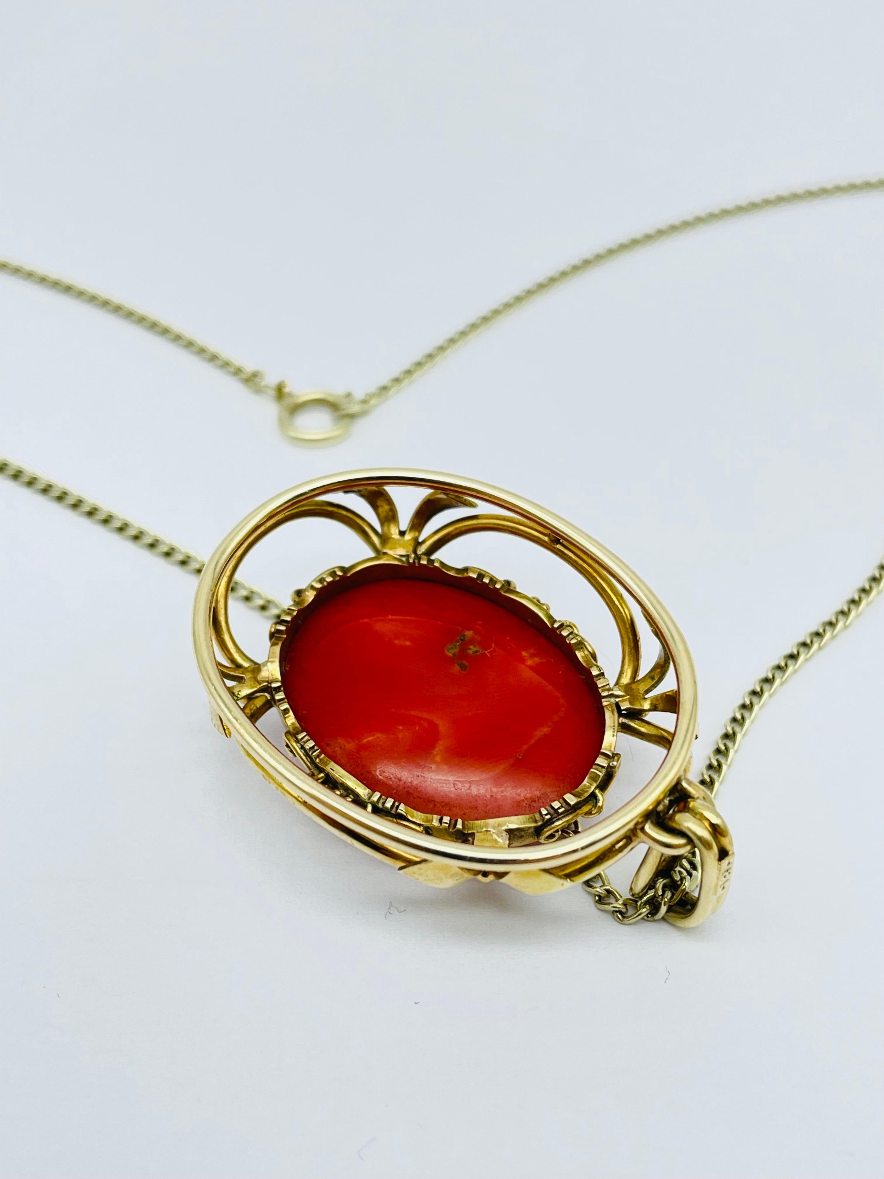 Noble 14k Red Coral Pendant and Chain For Sale 2