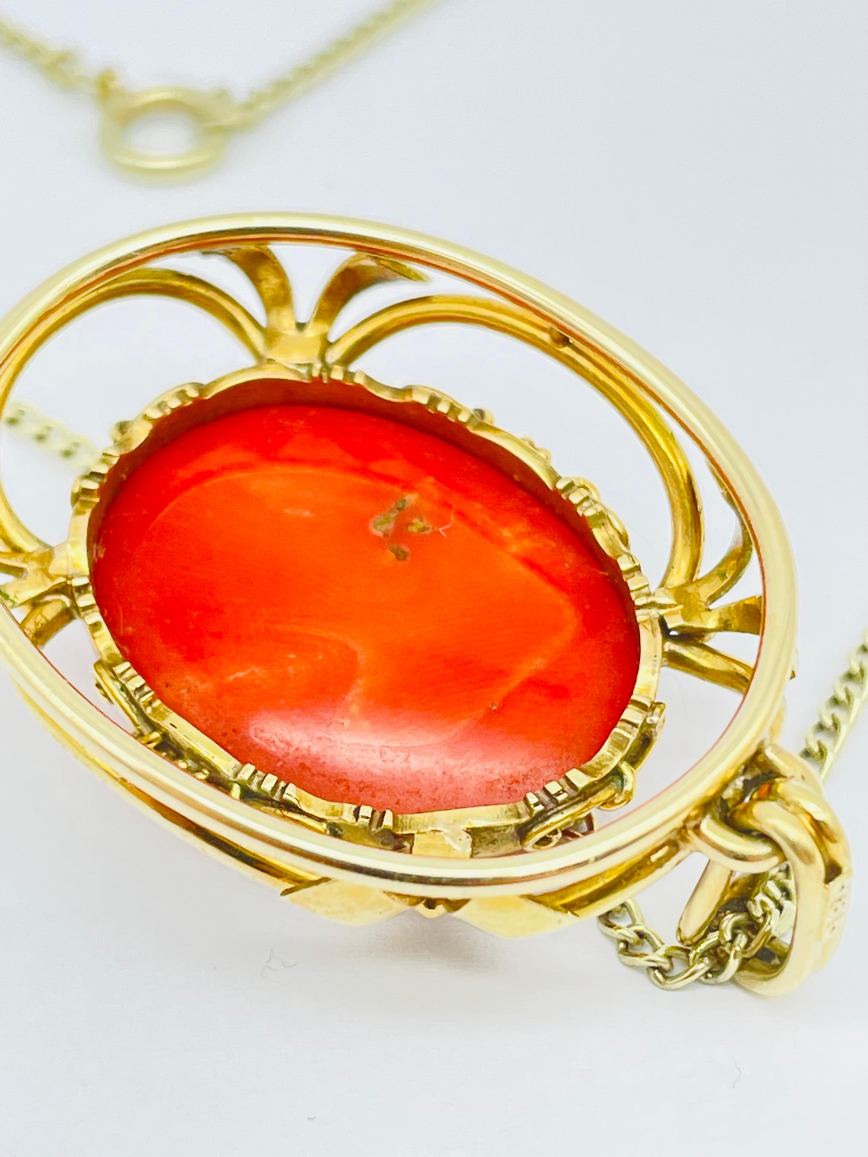 Noble 14k Red Coral Pendant and Chain For Sale 3