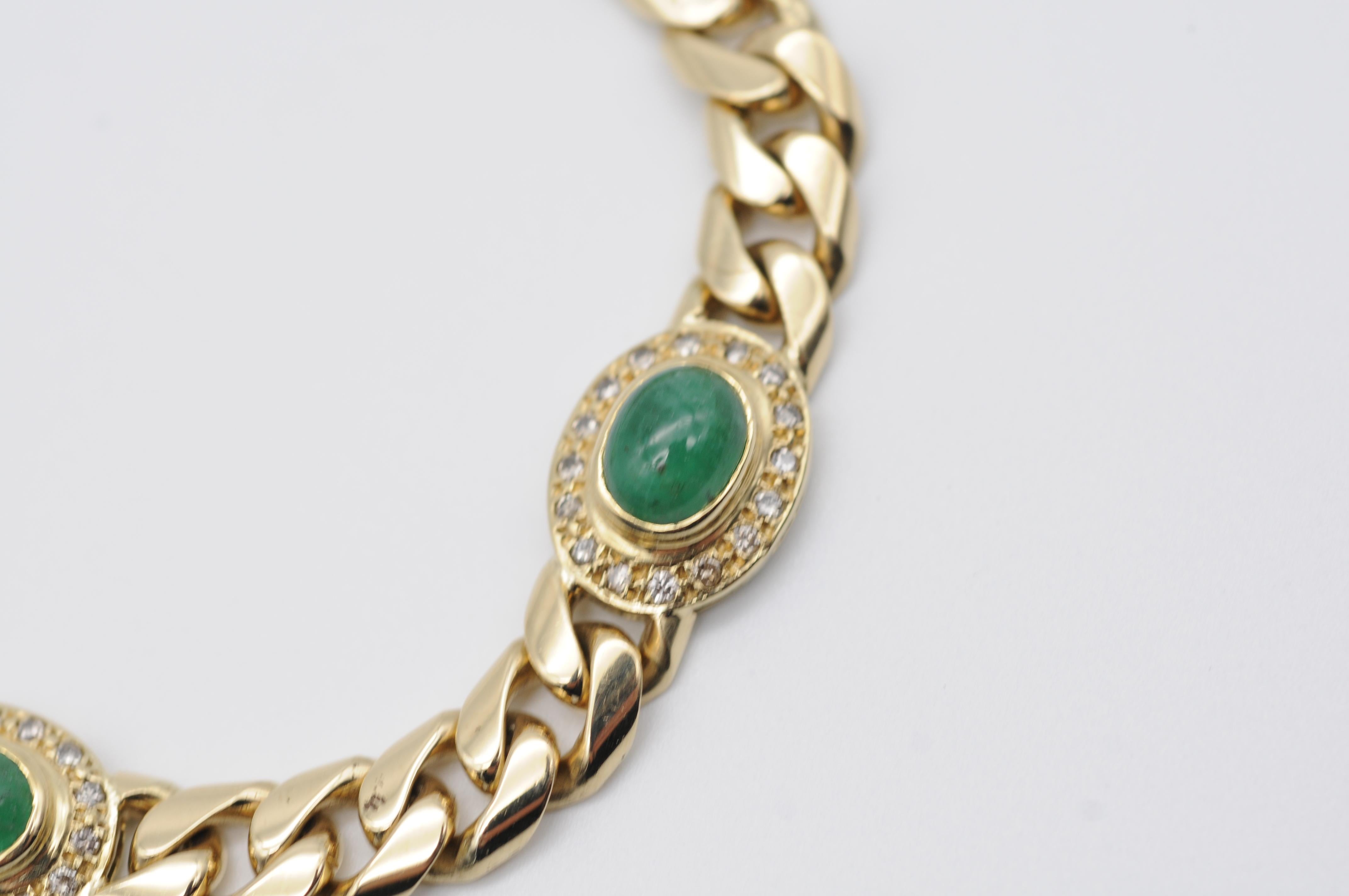 Noble 14k Yellow Gold Bracelet  Diamonds Green Cabochon For Sale 8