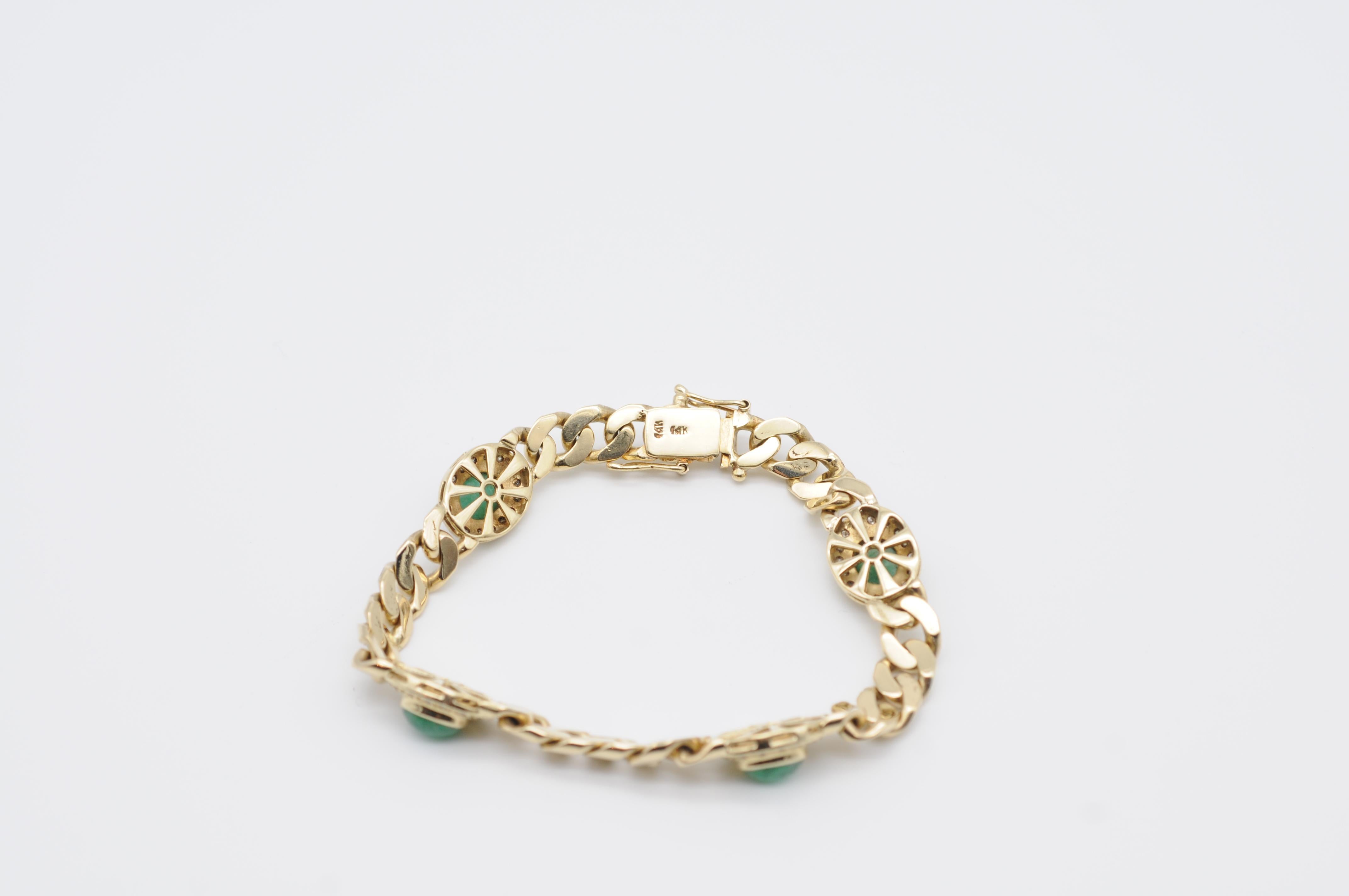 Noble 14k Yellow Gold Bracelet  Diamonds Green Cabochon For Sale 9