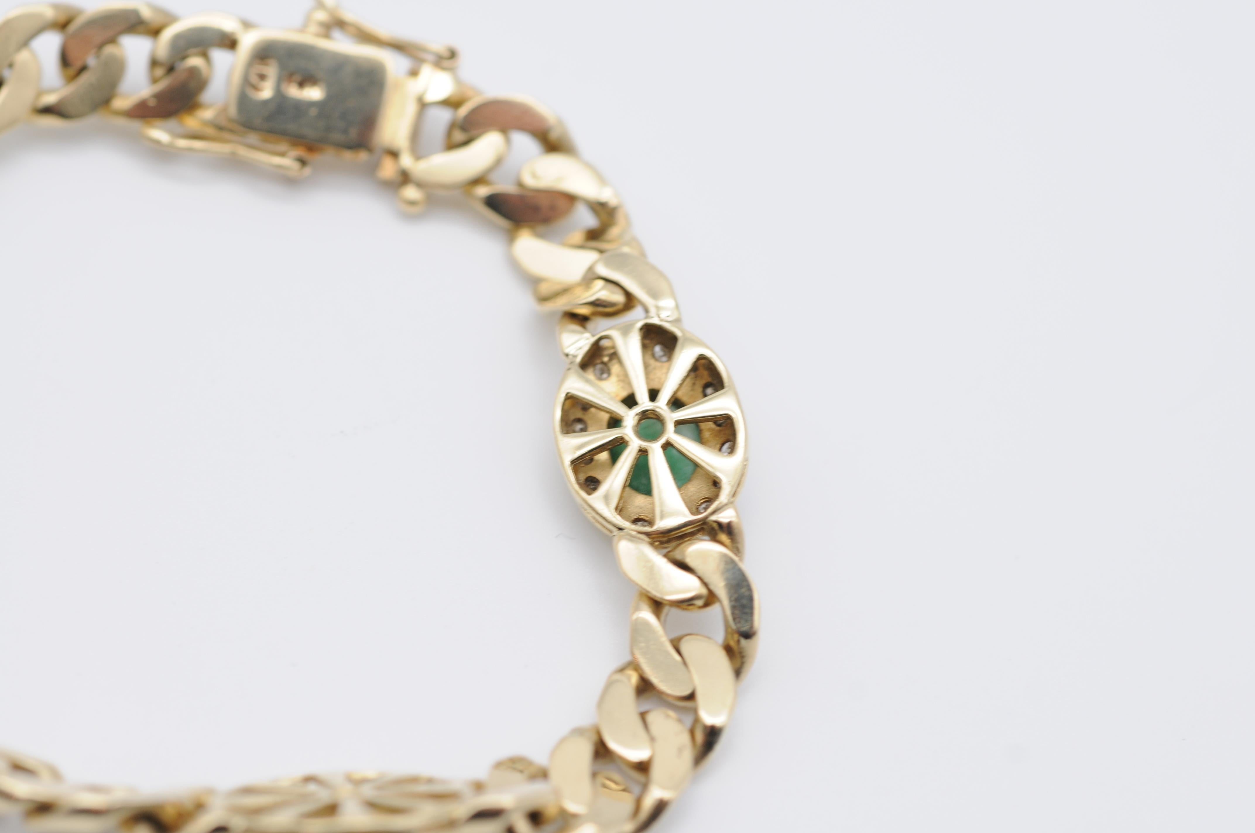 Noble 14k Yellow Gold Bracelet  Diamonds Green Cabochon For Sale 11