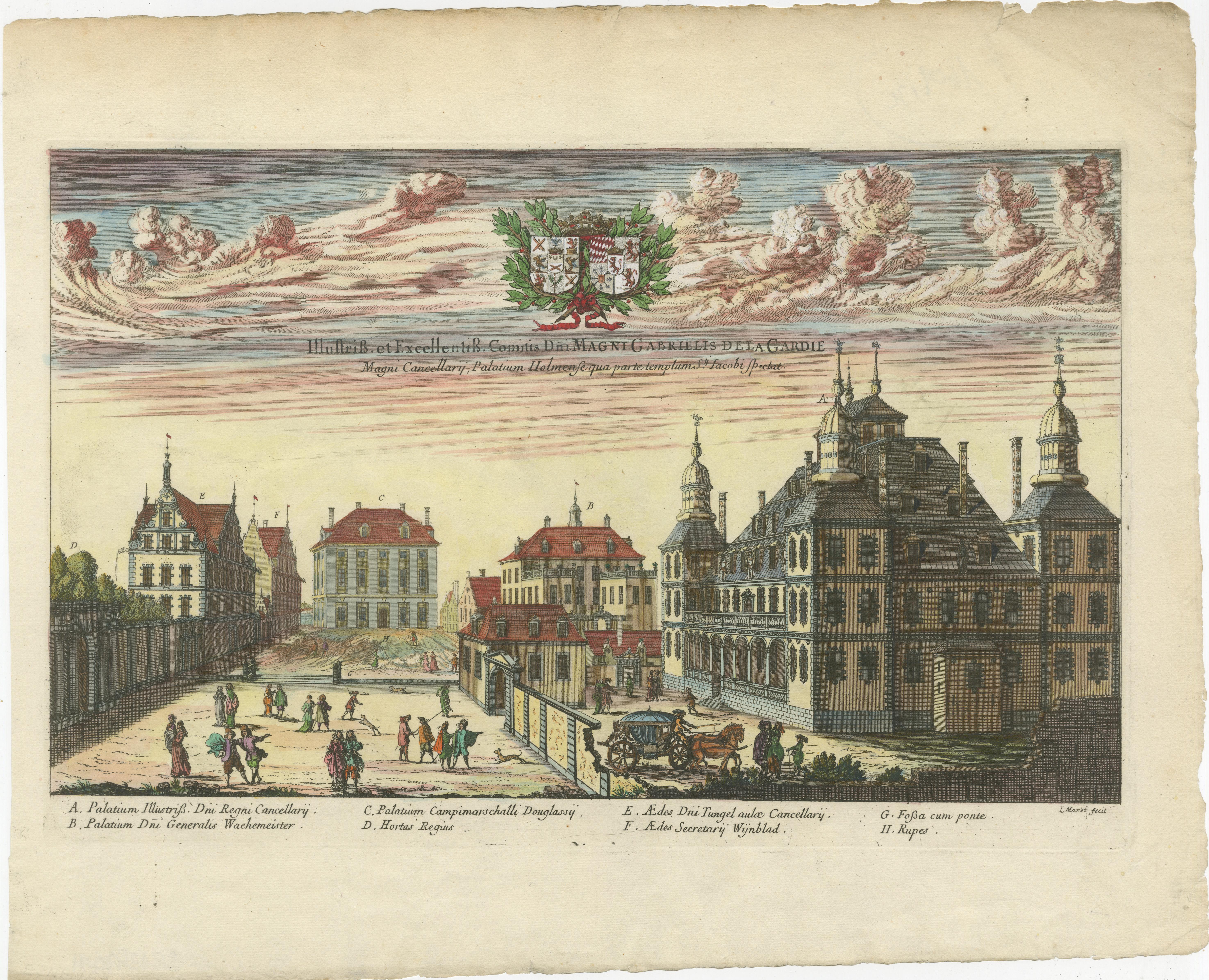 Makalös or De la Gardieska palace, from 1643. View from Jacob's church. Later function as an arsenal and armory chamber. Rebuilt as the Dramatic Theater in 1793. Destroyed by fire on November 24, 1825. Copper engraving in Suecia antiqua et hodierna,